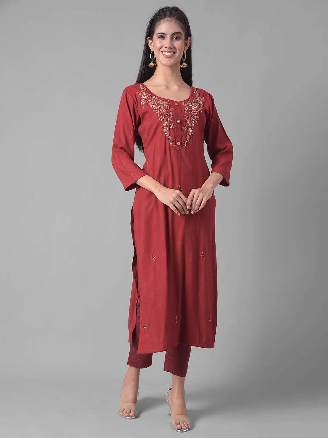 Dollar Missy Cotton Blend Embroidered Straight Women's Kurti - Maroon ( Pack of 1 ) Dollar Missy Cotton Blend Embroidered Straight Women's Kurti - Maroon ( Pack of 1 )