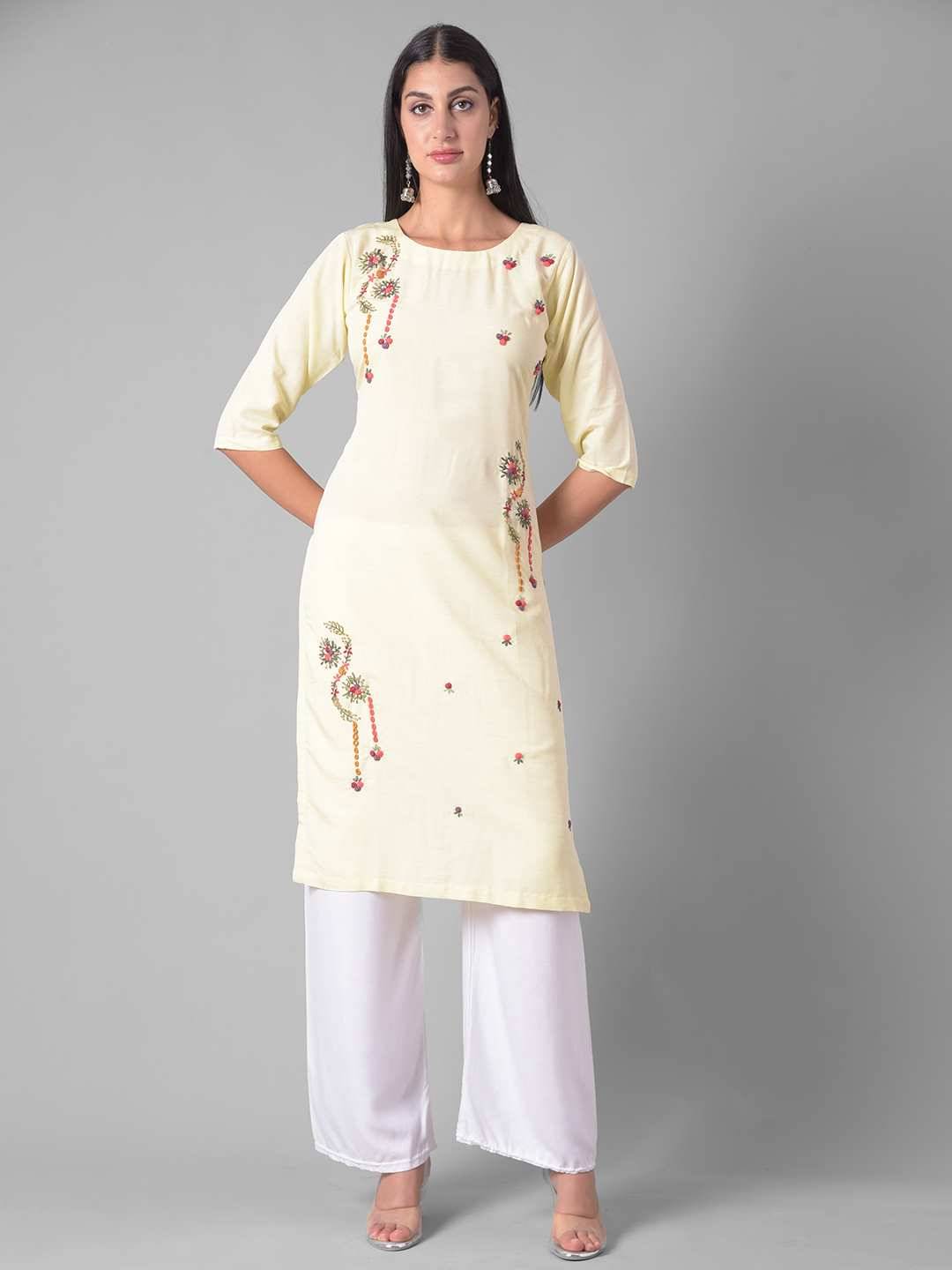    			Dollar Missy Cotton Blend Embroidered Straight Women's Kurti - Yellow ( Pack of 1 )