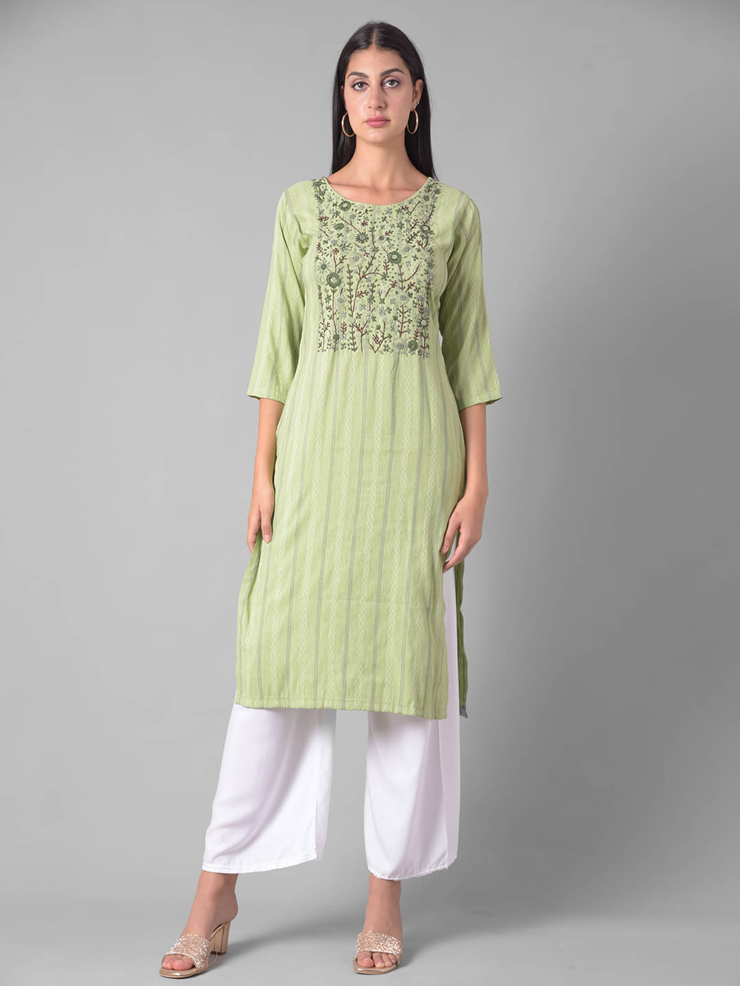 Dollar Missy Cotton Blend Embroidered Straight Women's Kurti - Green ( Pack of 1 )     			Dollar Missy Cotton Blend Embroidered Straight Women's Kurti - Green ( Pack of 1 )