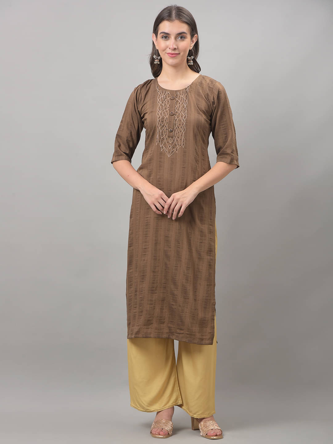     			Dollar Missy Cotton Blend Embroidered Straight Women's Kurti - Brown ( Pack of 1 )