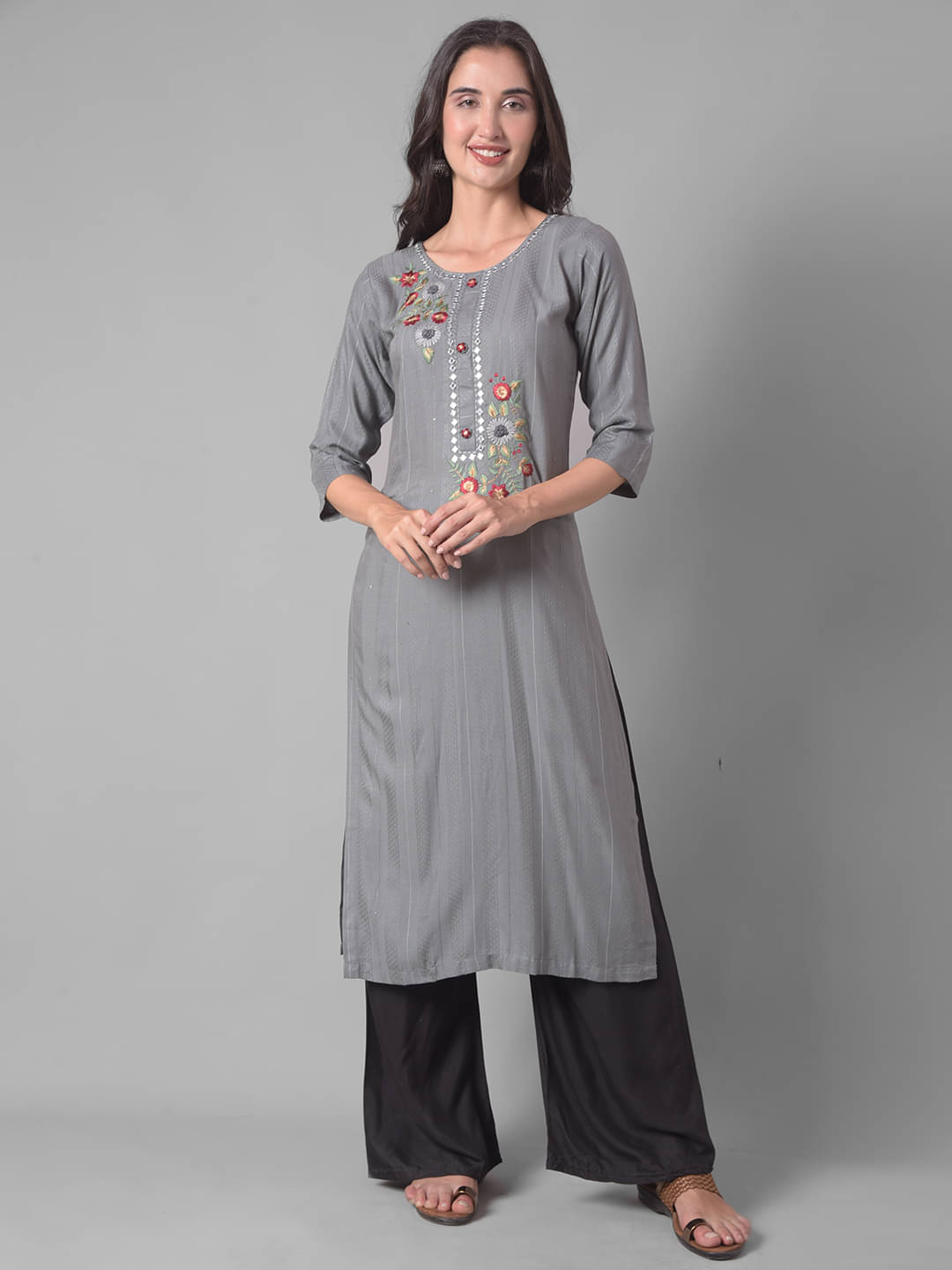     			Dollar Missy Cotton Blend Embroidered Straight Women's Kurti - Grey ( Pack of 1 )