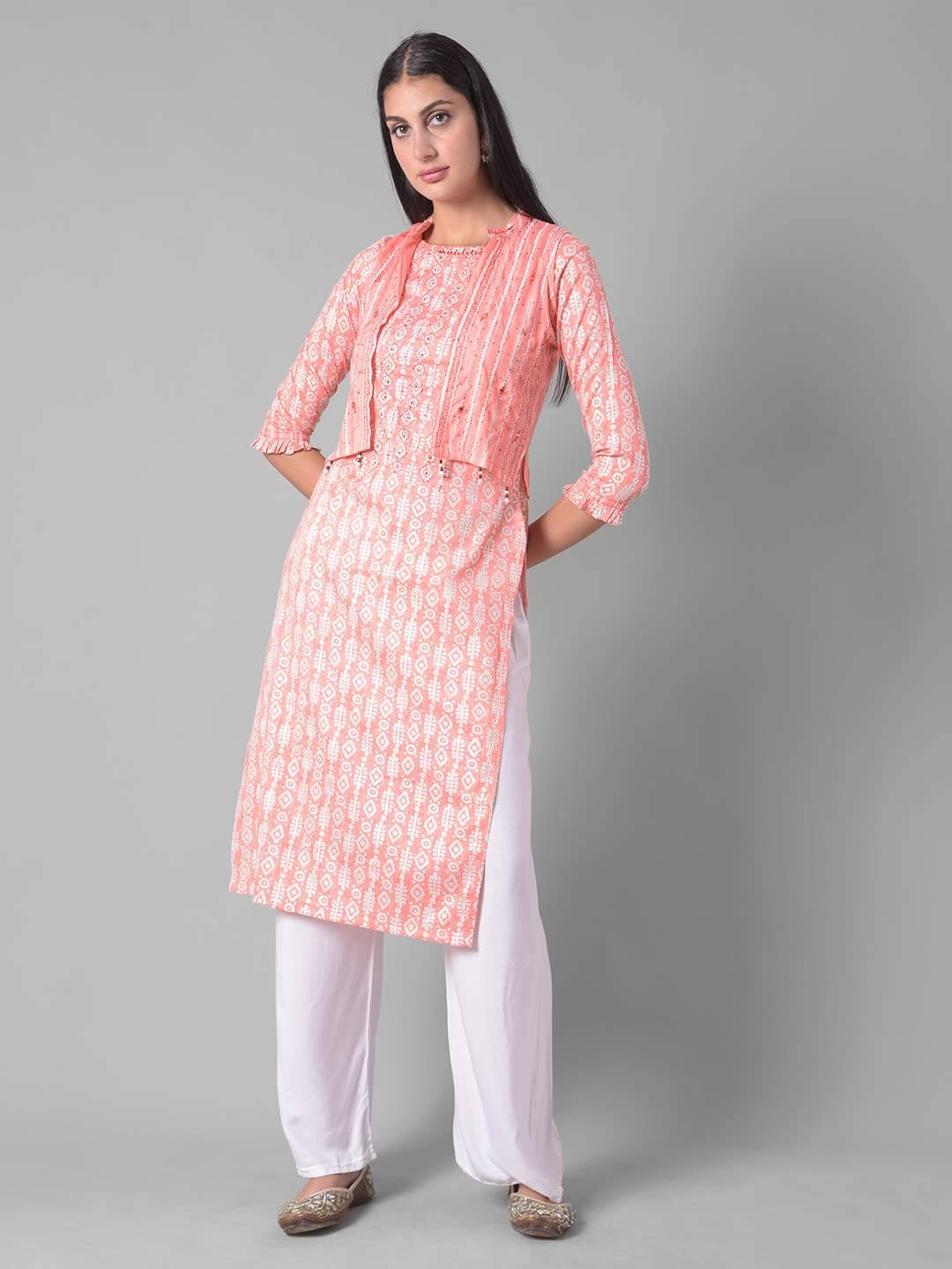Dollar Missy Cotton Blend Printed Jacket Style Women's Kurti - Peach ( Pack of 1 ) Dollar Missy Cotton Blend Printed Jacket Style Women's Kurti - Peach ( Pack of 1 )