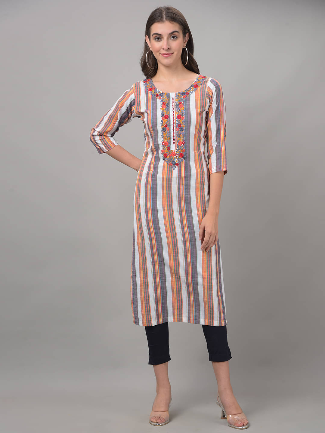 Dollar Missy Cotton Blend Striped Straight Women's Kurti - Multicoloured ( Pack of 1 )     			Dollar Missy Cotton Blend Striped Straight Women's Kurti - Multicoloured ( Pack of 1 )