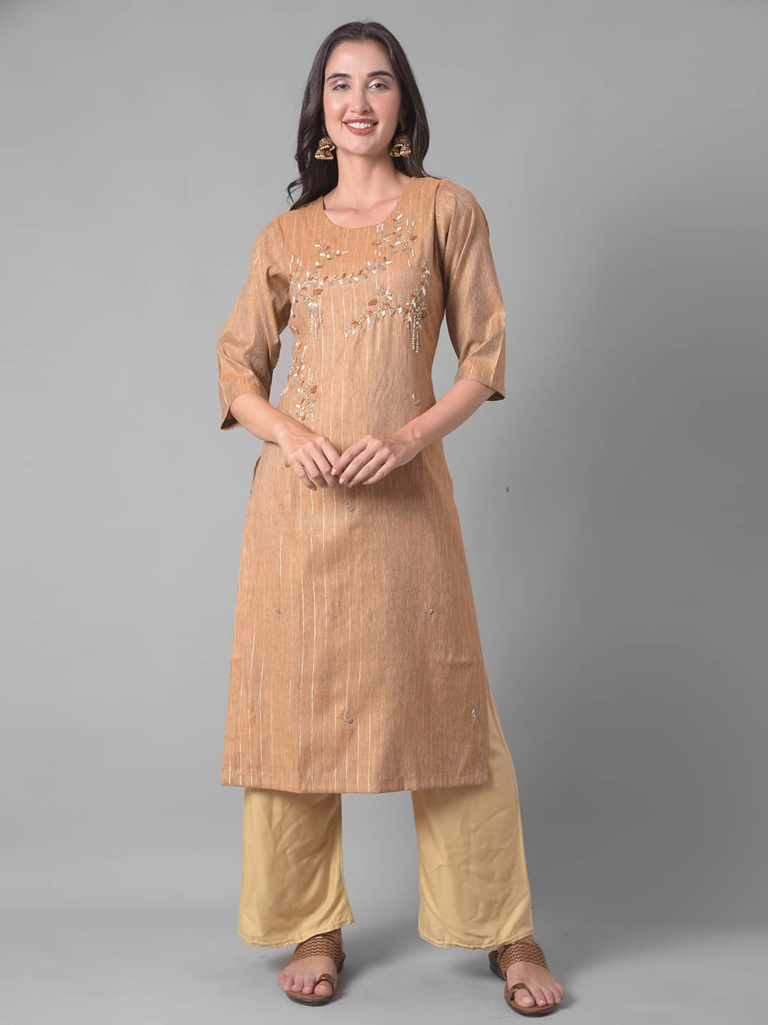     			Dollar Missy Cotton Blend Striped Straight Women's Kurti - Beige ( Pack of 1 )