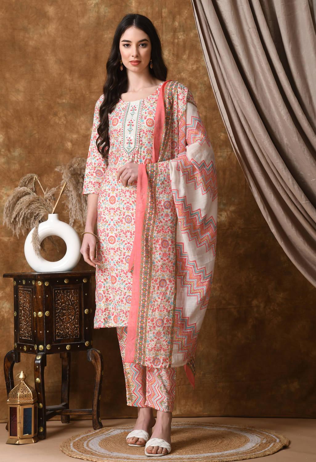    			S Majida Cotton Silk Printed Kurti With Pants Women's Stitched Salwar Suit - Pink ( Pack of 1 )