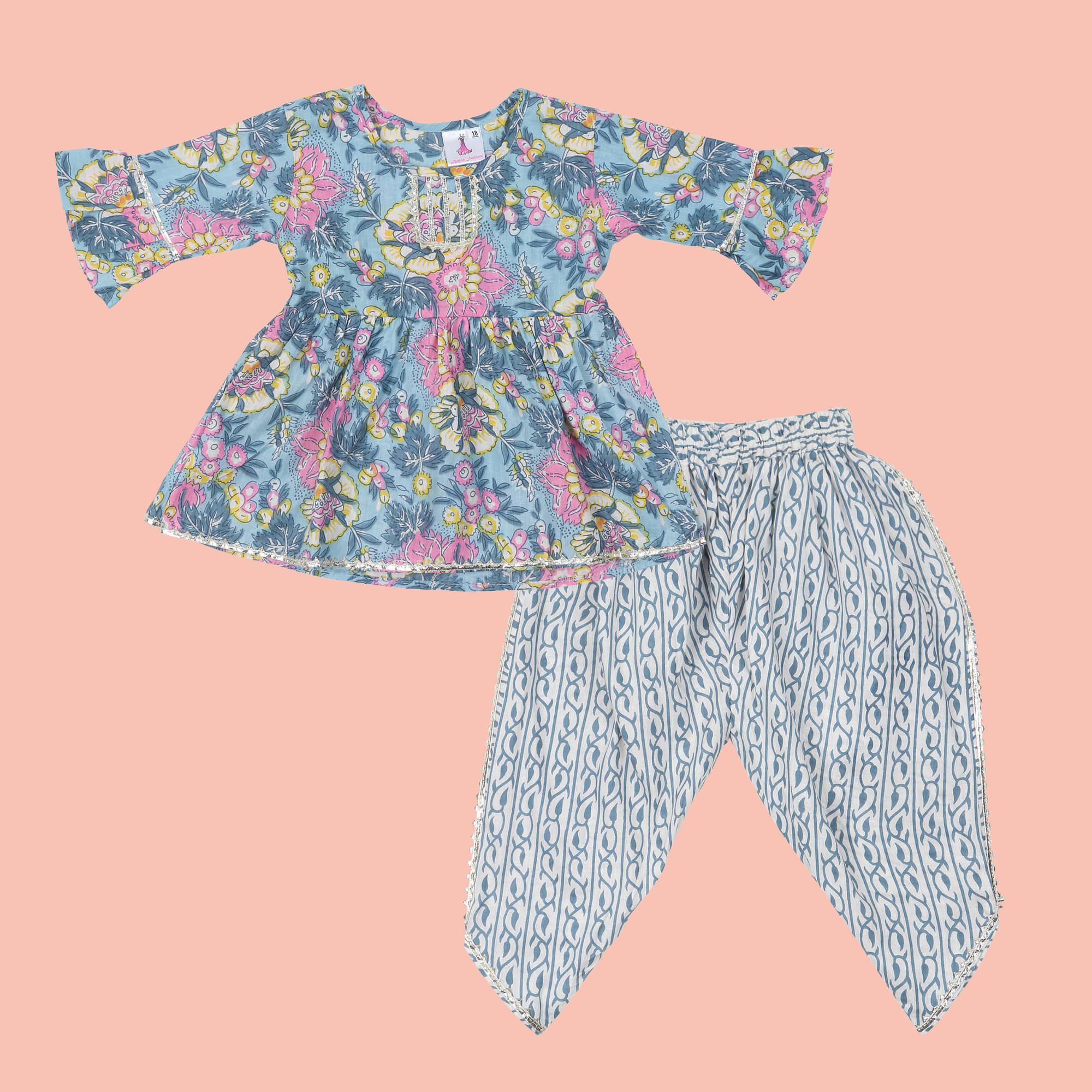 Arshia Fashions Baby Girls Jaipuri Print Frock Style Kurti with Frill Sleeves and Dhoti Style Salwar Ethnic Dress     			Arshia Fashions Baby Girls Jaipuri Print Frock Style Kurti with Frill Sleeves and Dhoti Style Salwar Ethnic Dress