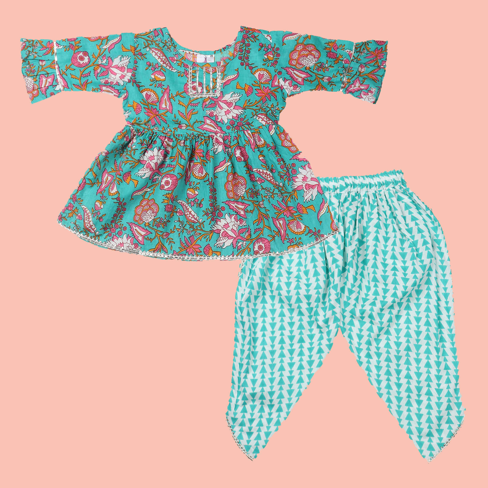 Arshia Fashions Baby Girls Jaipuri Print Frock Style Kurti with Frill Sleeves and Dhoti Style Salwar Ethnic Dress Arshia Fashions Baby Girls Jaipuri Print Frock Style Kurti with Frill Sleeves and Dhoti Style Salwar Ethnic Dress