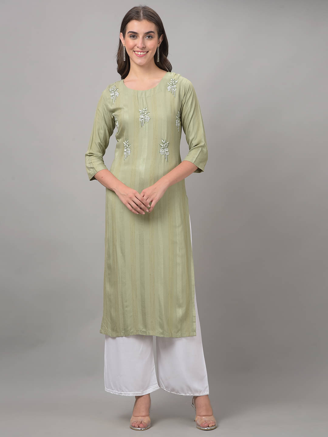 Dollar Missy Cotton Blend Embellished Straight Women's Kurti - Green ( Pack of 1 ) Dollar Missy Cotton Blend Embellished Straight Women's Kurti - Green ( Pack of 1 )