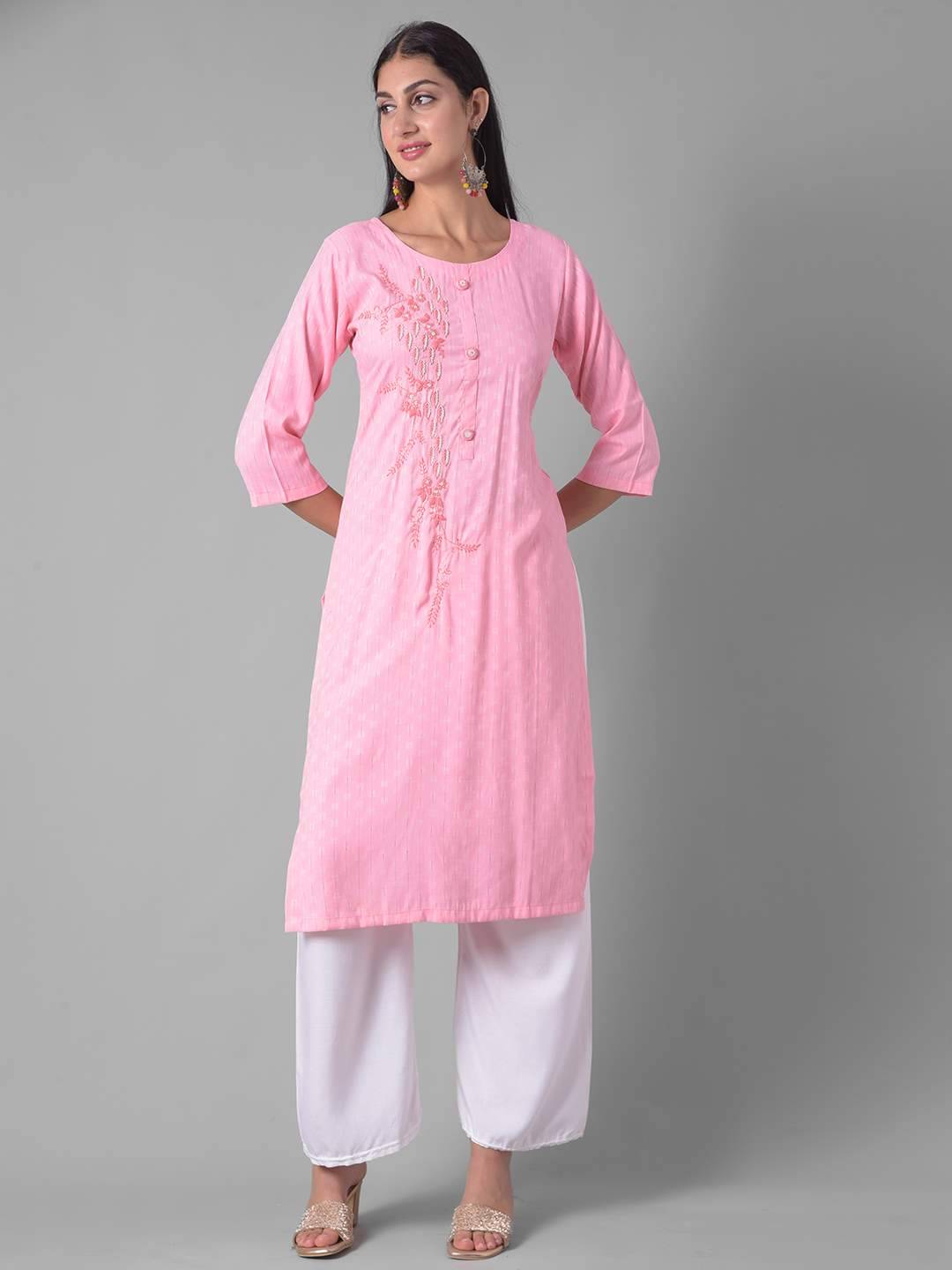     			Dollar Missy Cotton Blend Embellished Straight Women's Kurti - Pink ( Pack of 1 )