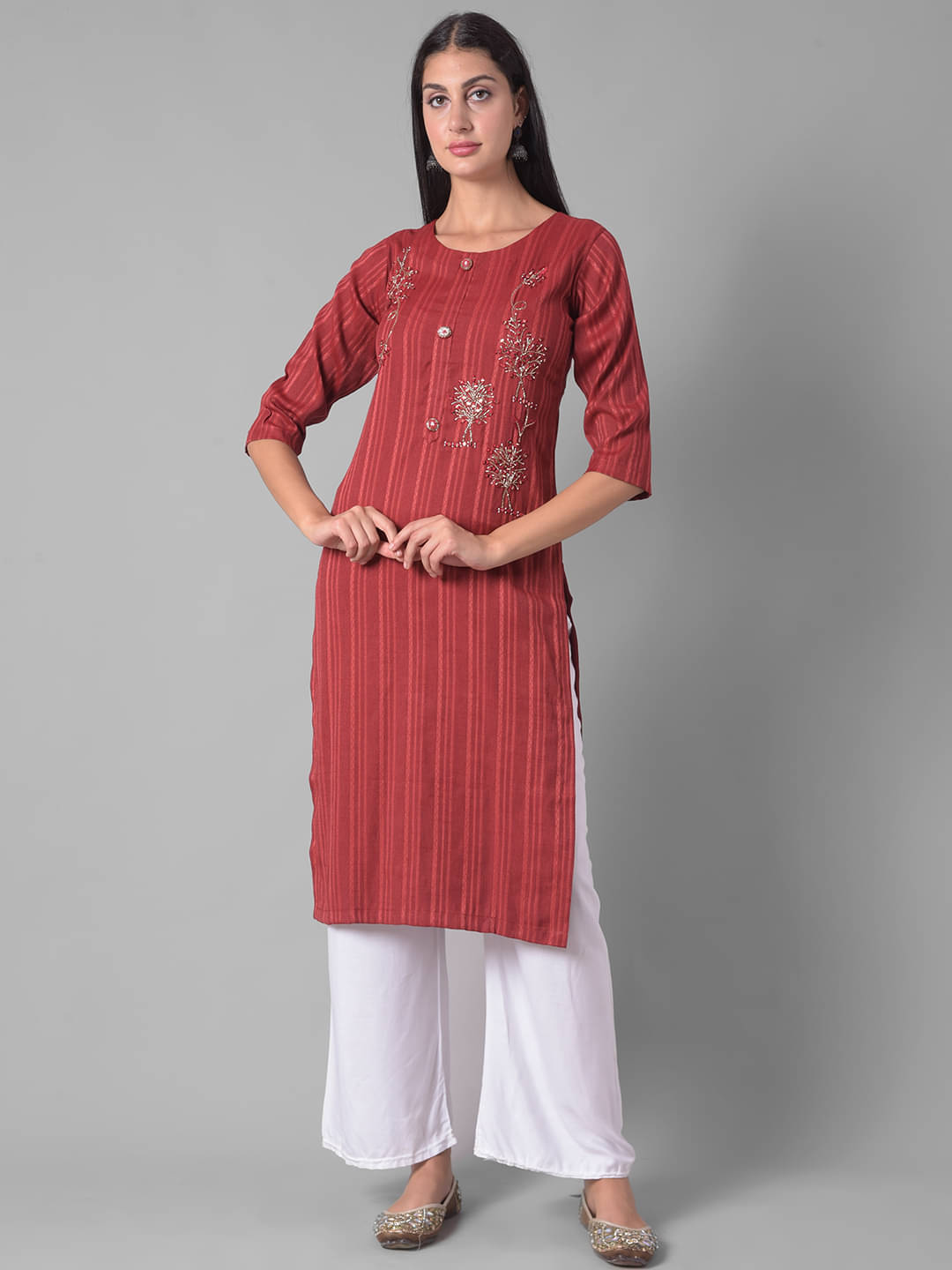 Dollar Missy Cotton Blend Embellished Straight Women's Kurti - Maroon ( Pack of 1 )     			Dollar Missy Cotton Blend Embellished Straight Women's Kurti - Maroon ( Pack of 1 )
