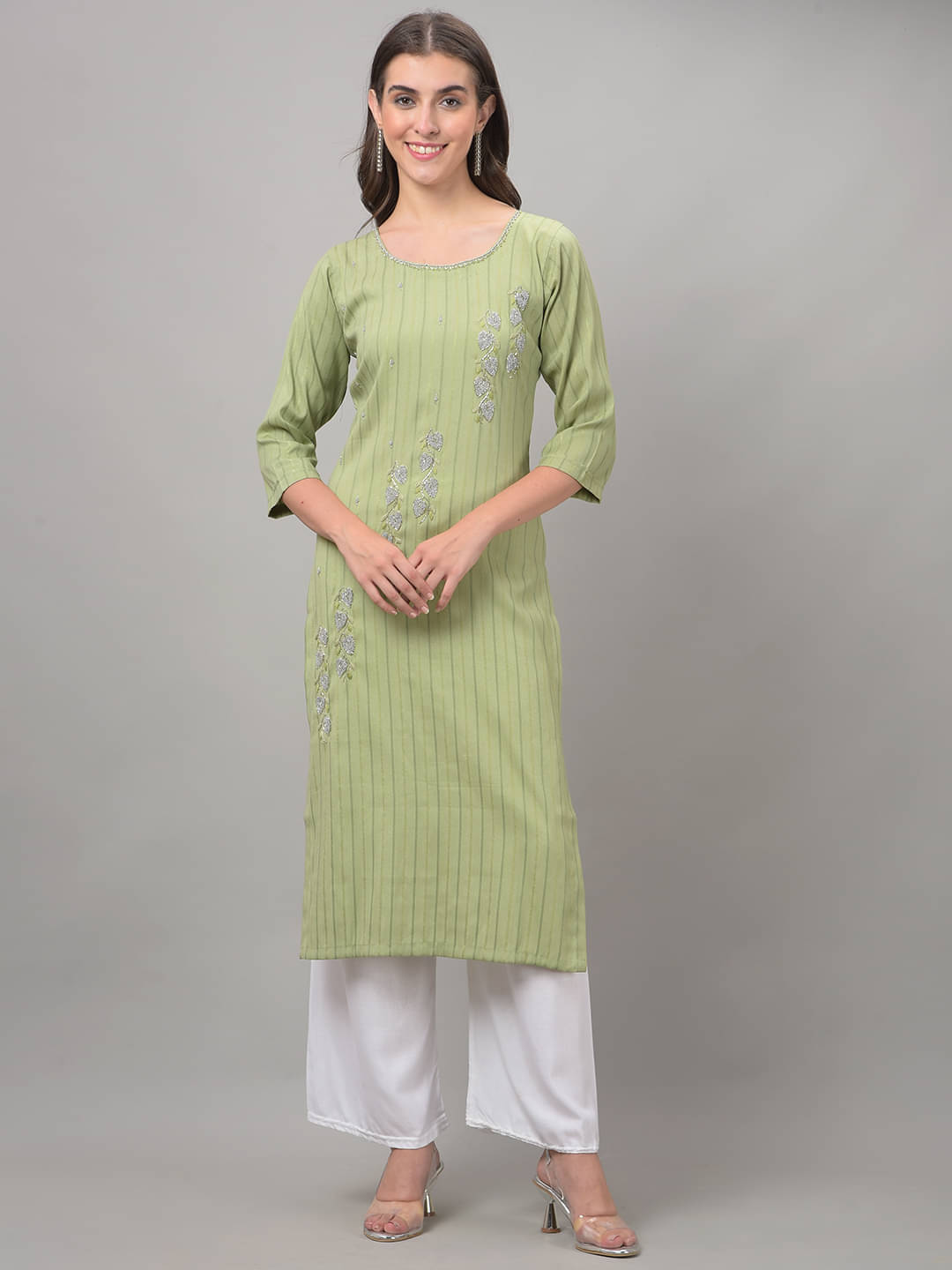 Dollar Missy Cotton Blend Embellished Straight Women's Kurti - Green ( Pack of 1 )     			Dollar Missy Cotton Blend Embellished Straight Women's Kurti - Green ( Pack of 1 )