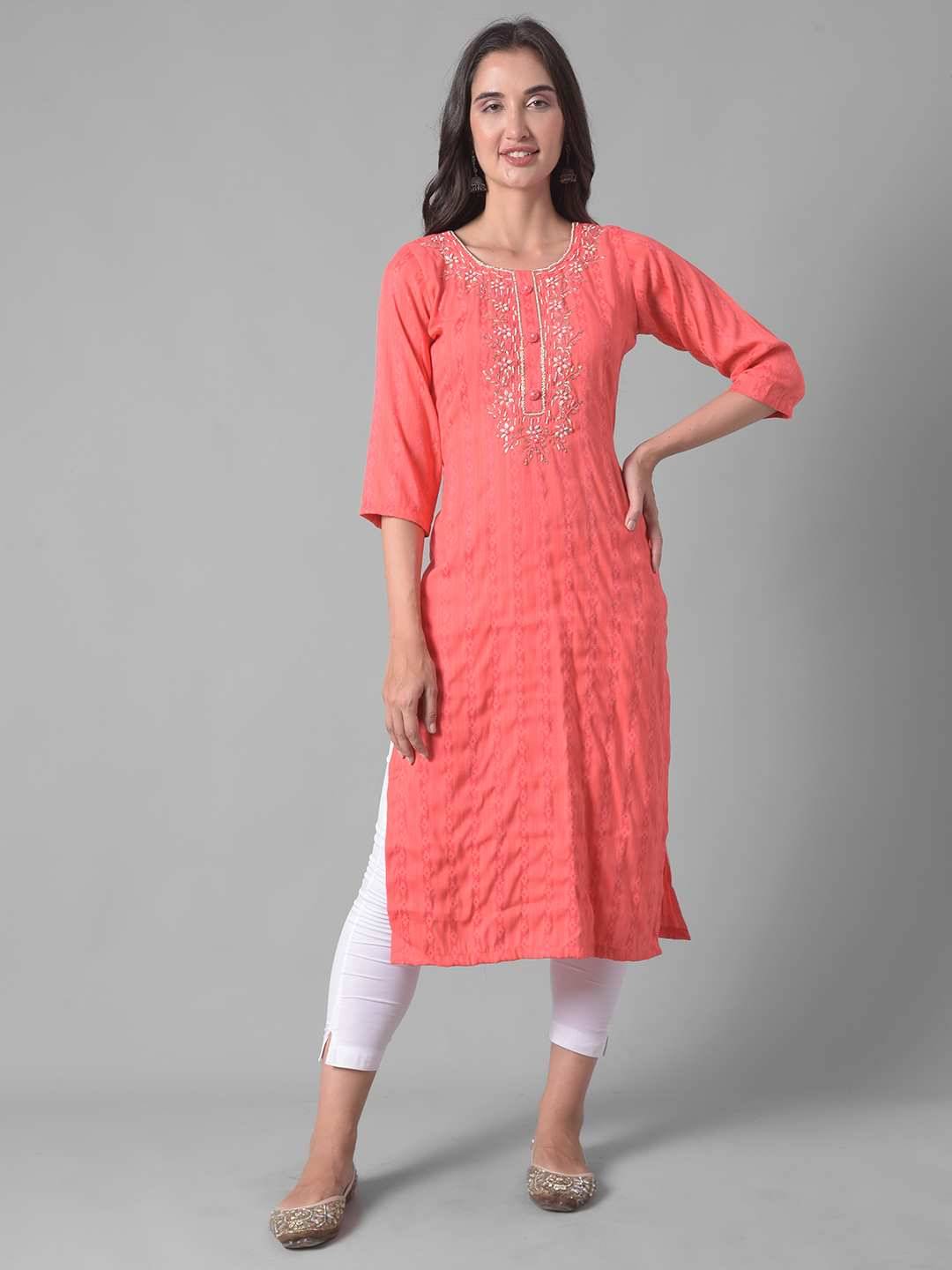 Dollar Missy Cotton Blend Embellished Straight Women's Kurti - Orange ( Pack of 1 ) Dollar Missy Cotton Blend Embellished Straight Women's Kurti - Orange ( Pack of 1 )