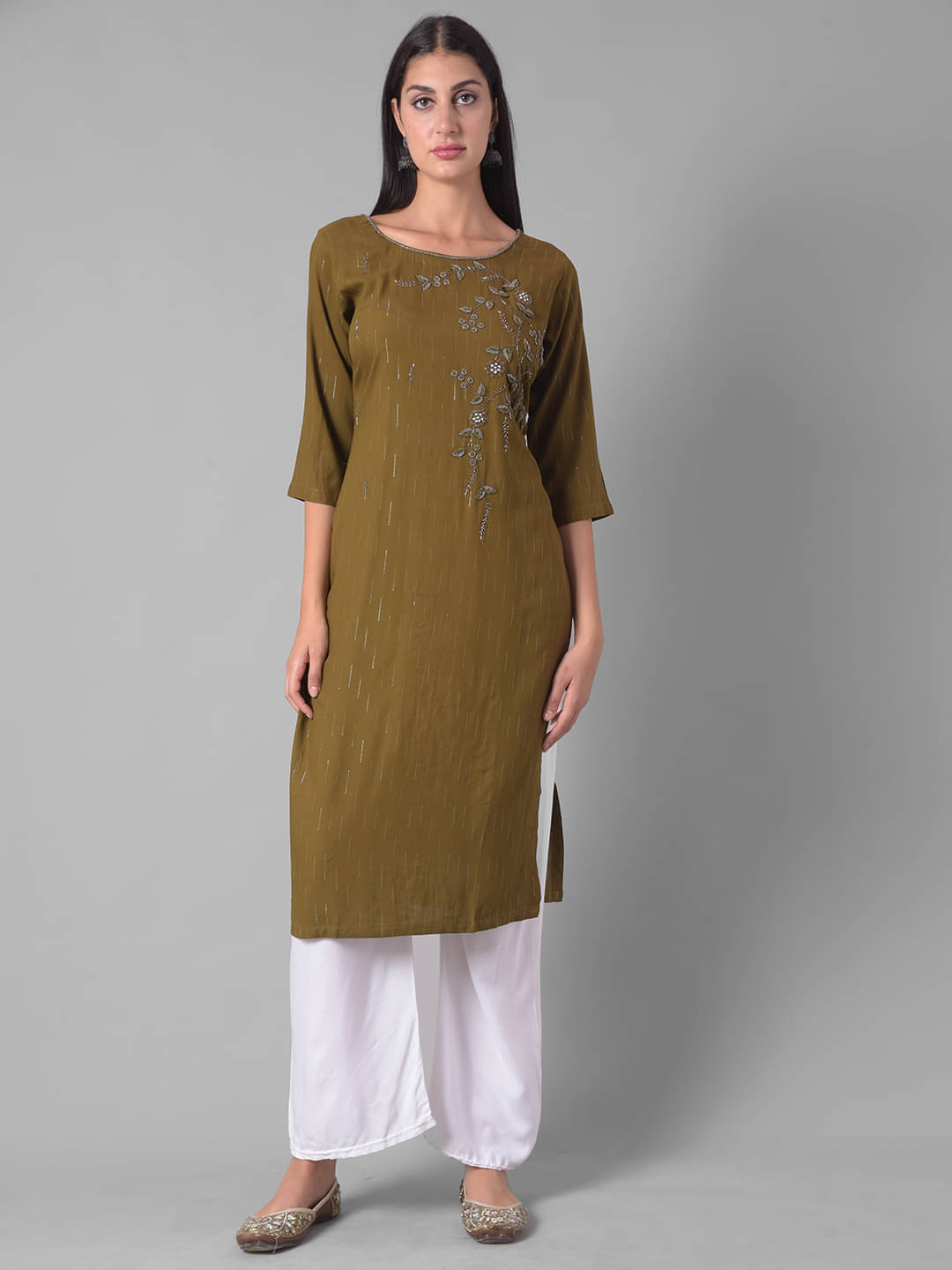     			Dollar Missy Cotton Blend Embellished Straight Women's Kurti - Green ( Pack of 1 )