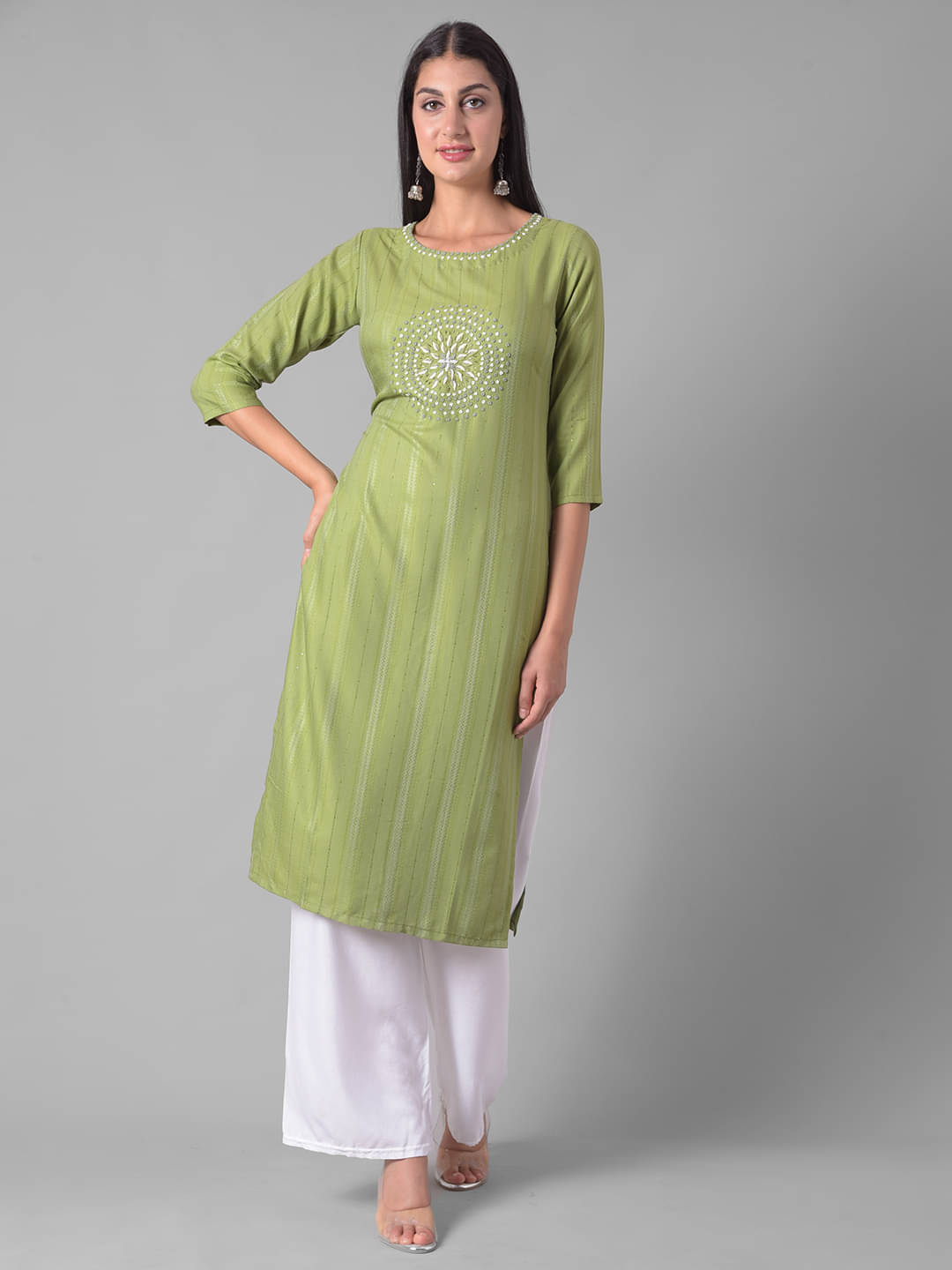     			Dollar Missy Cotton Blend Embellished Straight Women's Kurti - Green ( Pack of 1 )