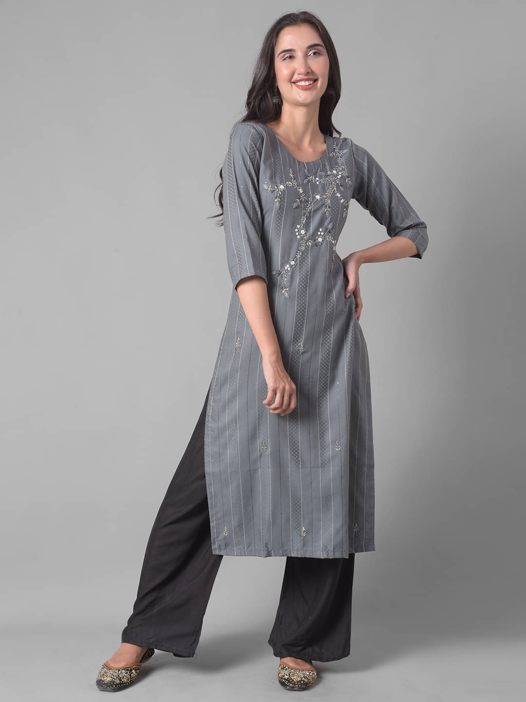     			Dollar Missy Cotton Blend Embellished Straight Women's Kurti - Grey ( Pack of 1 )