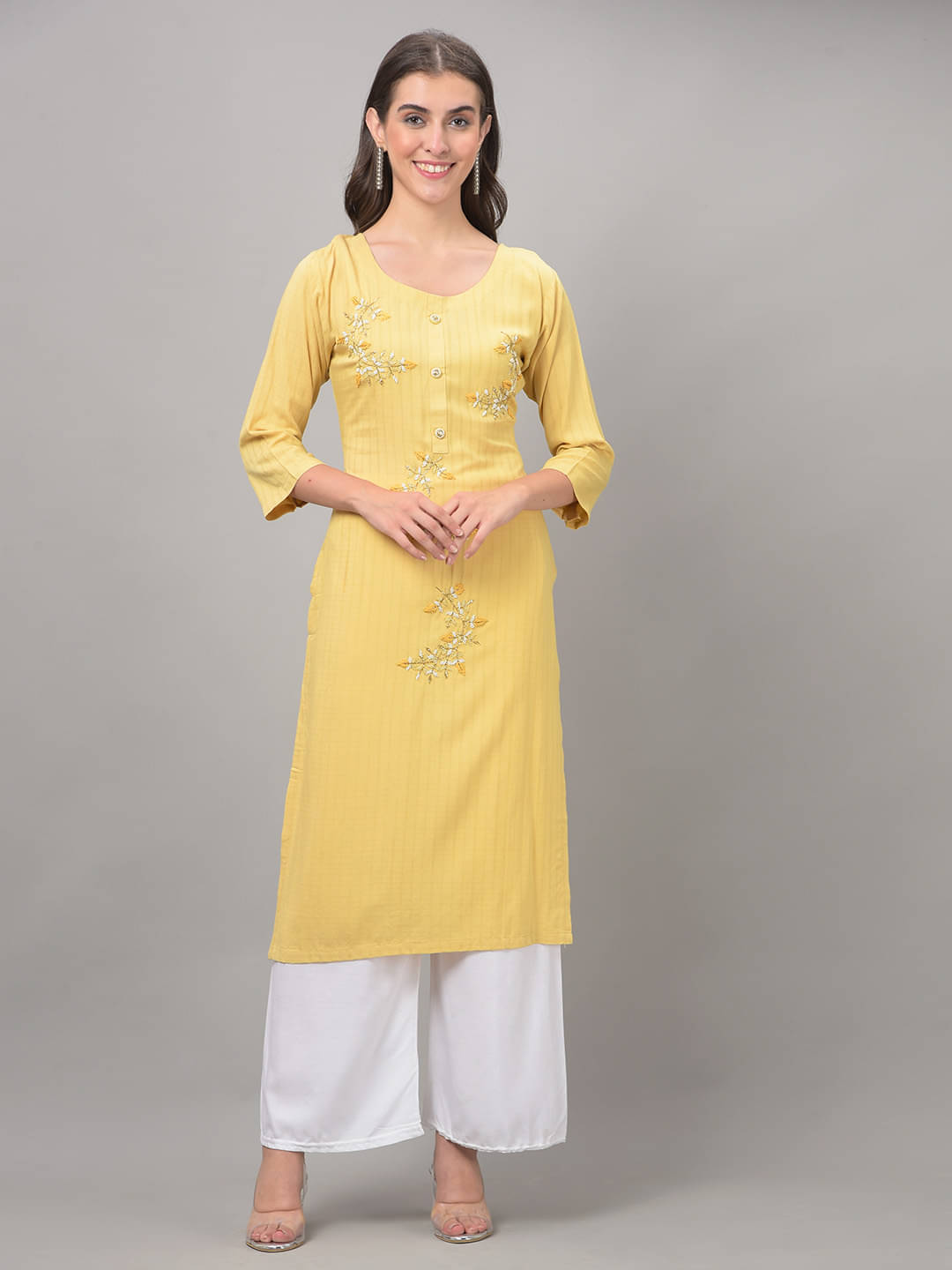     			Dollar Missy Cotton Blend Embroidered Straight Women's Kurti - Yellow ( Pack of 1 )