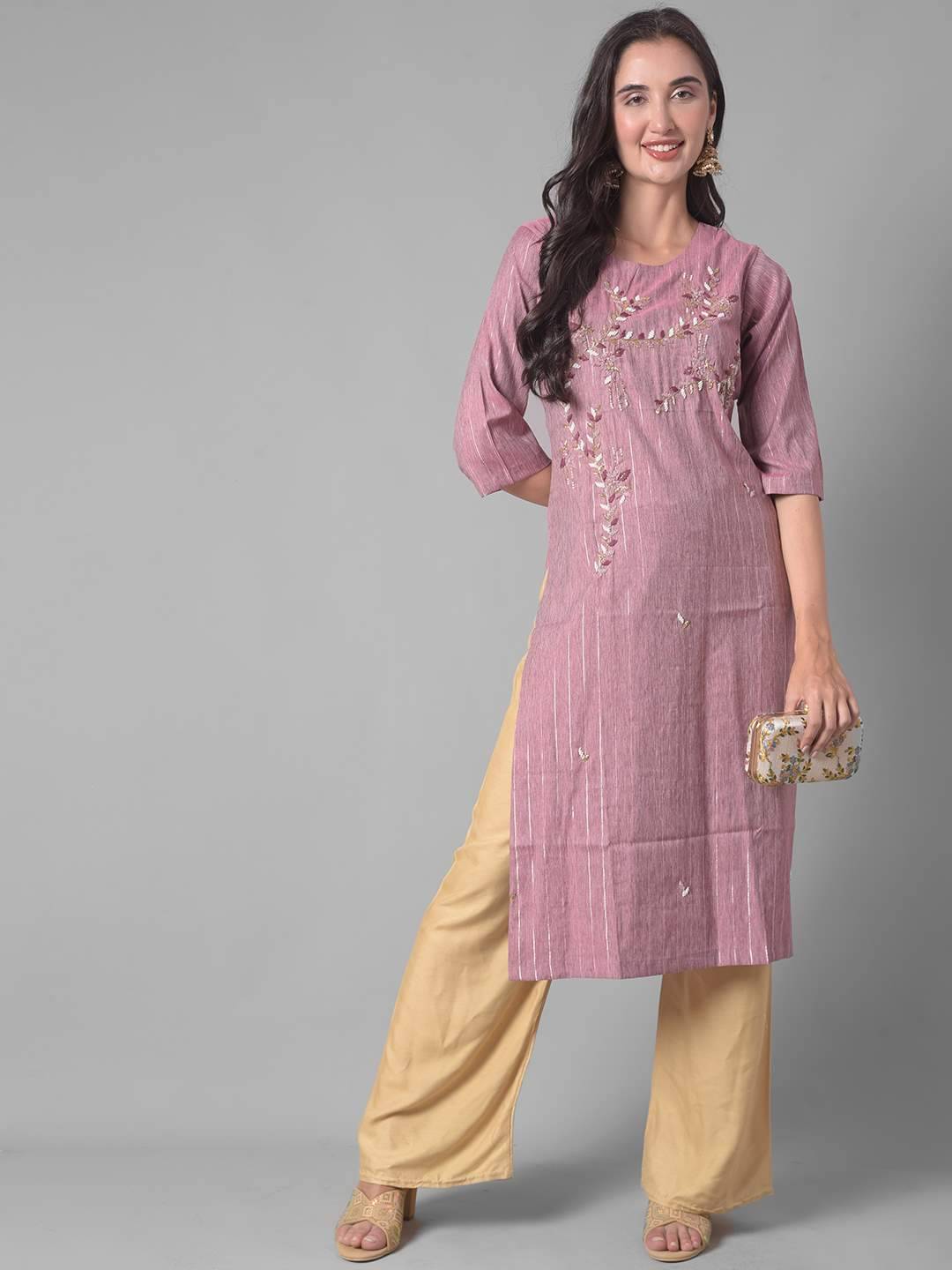     			Dollar Missy Cotton Blend Embroidered Straight Women's Kurti - Purple ( Pack of 1 )