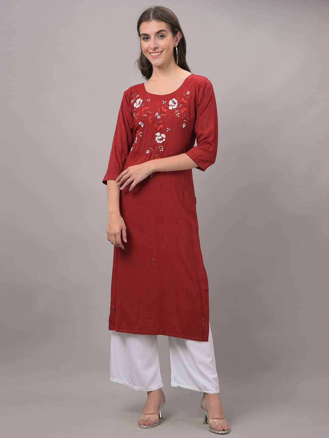 Dollar Missy Cotton Blend Embroidered Straight Women's Kurti - Maroon ( Pack of 1 ) Dollar Missy Cotton Blend Embroidered Straight Women's Kurti - Maroon ( Pack of 1 )