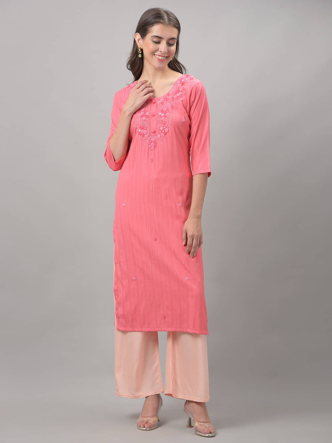 Dollar Missy Cotton Blend Embroidered Straight Women's Kurti - Pink ( Pack of 1 ) Dollar Missy Cotton Blend Embroidered Straight Women's Kurti - Pink ( Pack of 1 )