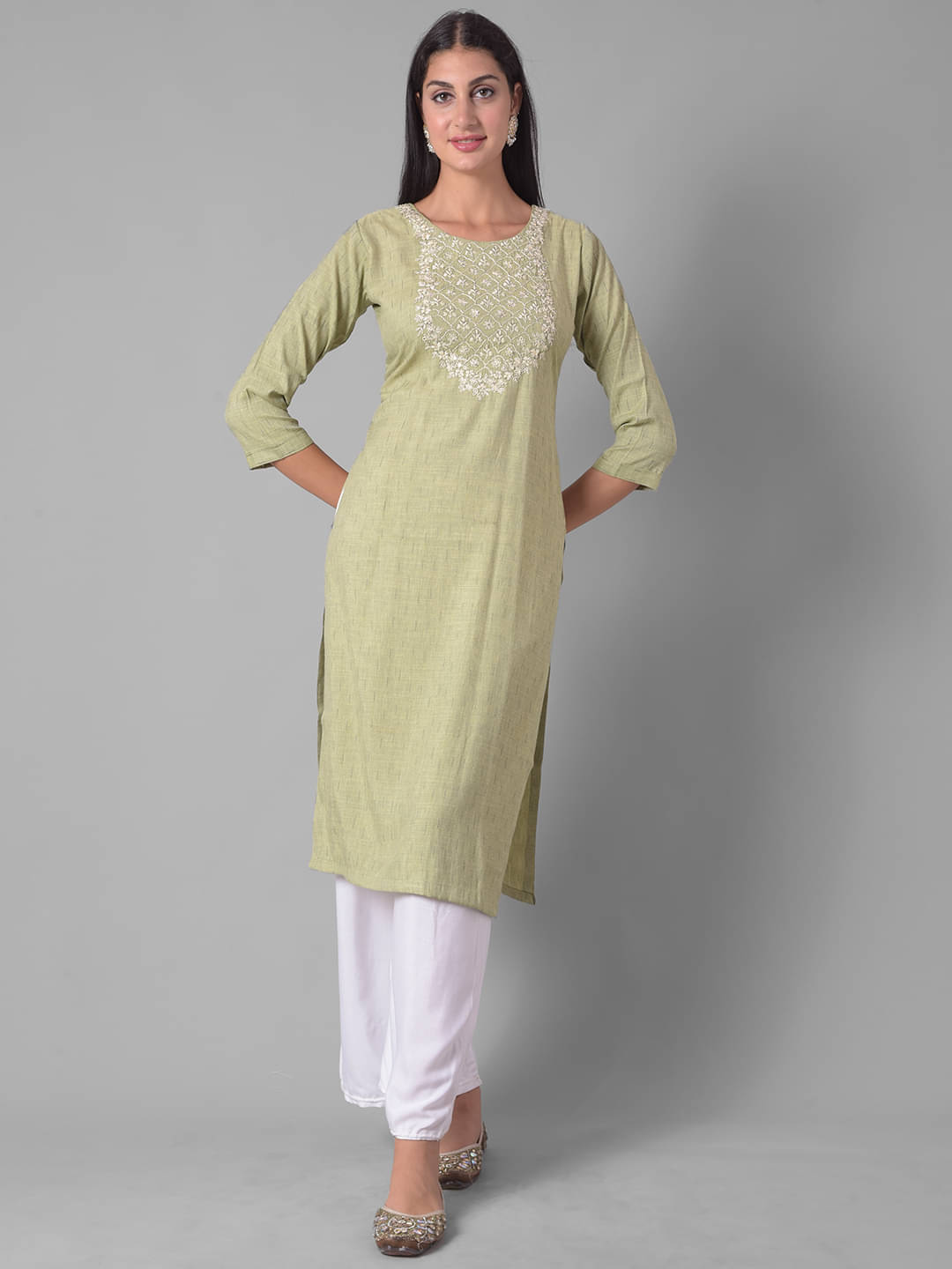     			Dollar Missy Cotton Blend Embroidered Straight Women's Kurti - Green ( Pack of 1 )
