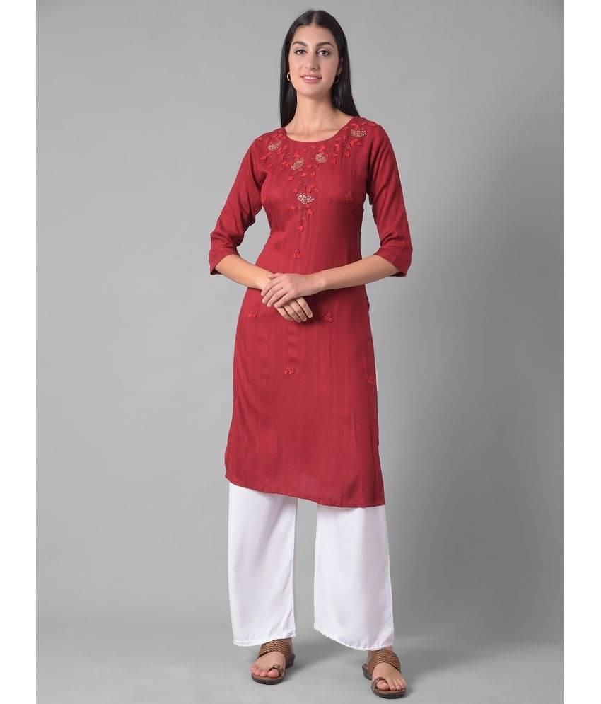 Dollar Missy Cotton Blend Embroidered Straight Women's Kurti - Maroon ( Pack of 1 )     			Dollar Missy Cotton Blend Embroidered Straight Women's Kurti - Maroon ( Pack of 1 )