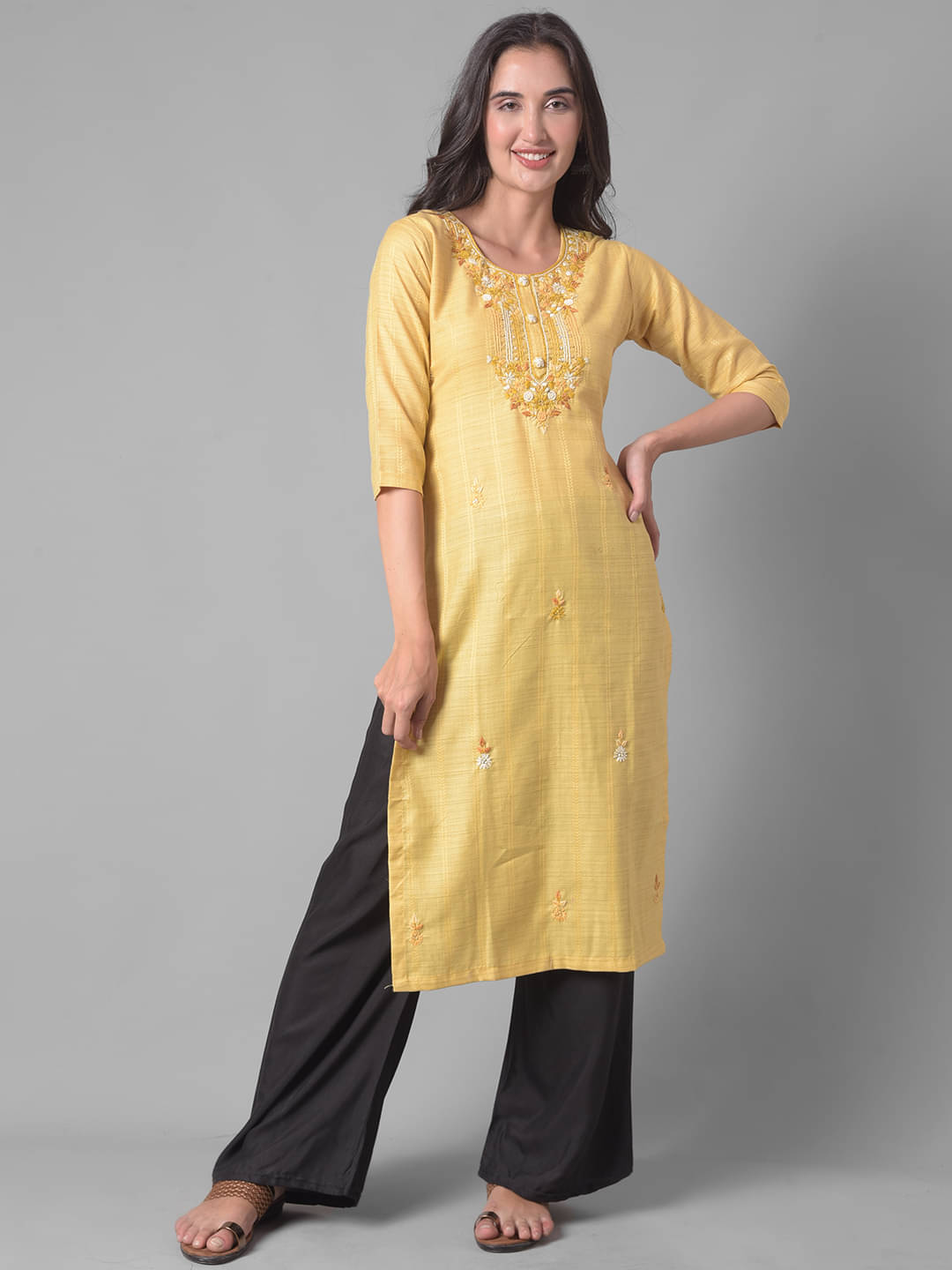     			Dollar Missy Cotton Blend Embroidered Straight Women's Kurti - Yellow ( Pack of 1 )