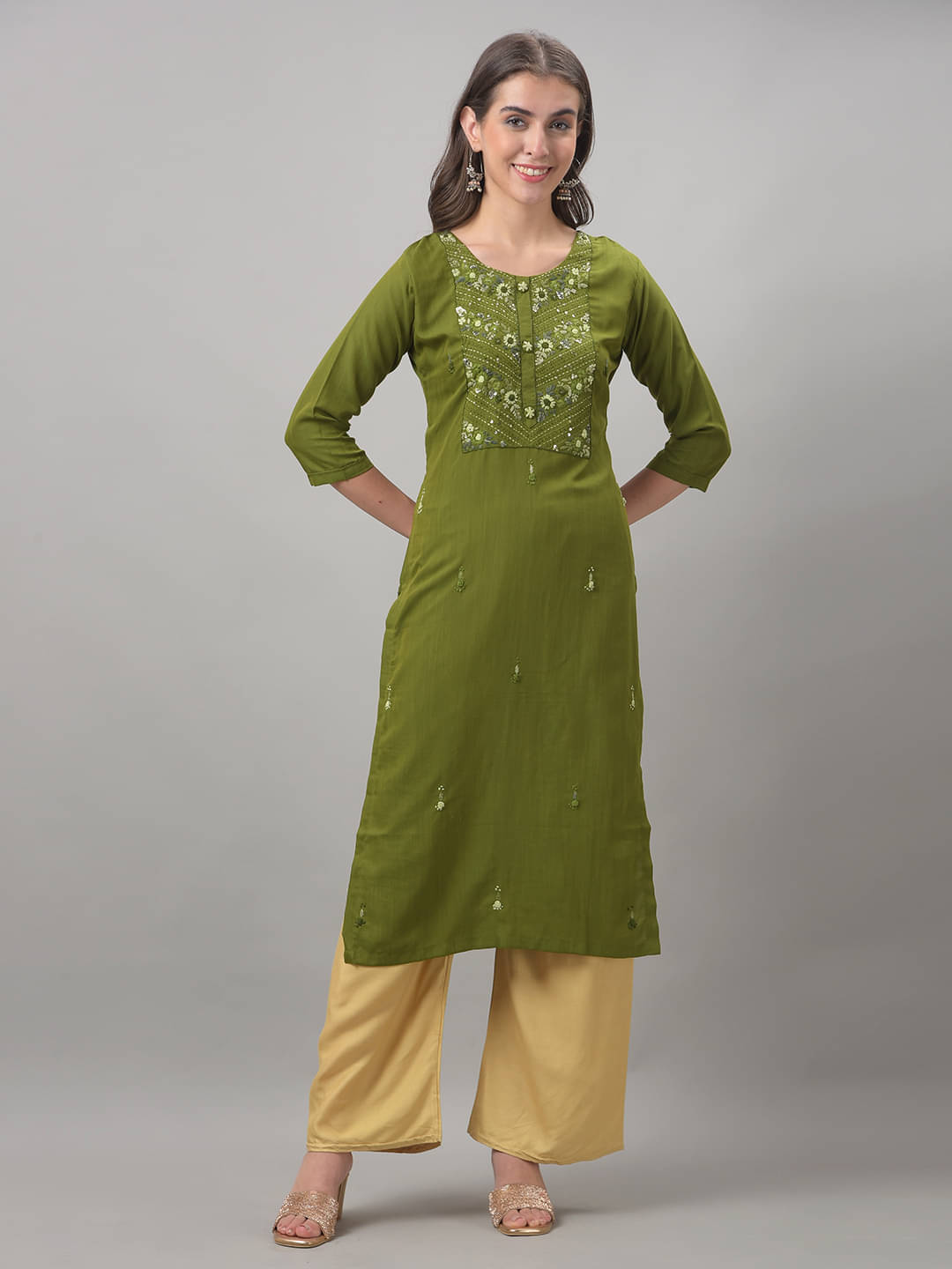     			Dollar Missy Cotton Blend Embroidered Straight Women's Kurti - Green ( Pack of 1 )