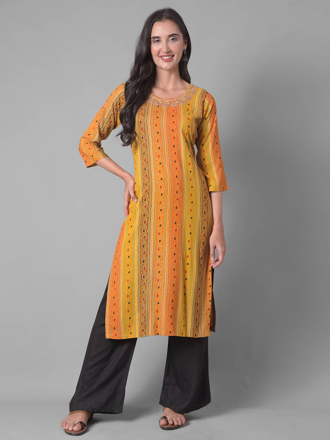 Dollar Missy Cotton Blend Printed Straight Women's Kurti - Yellow ( Pack of 1 )     			Dollar Missy Cotton Blend Printed Straight Women's Kurti - Yellow ( Pack of 1 )