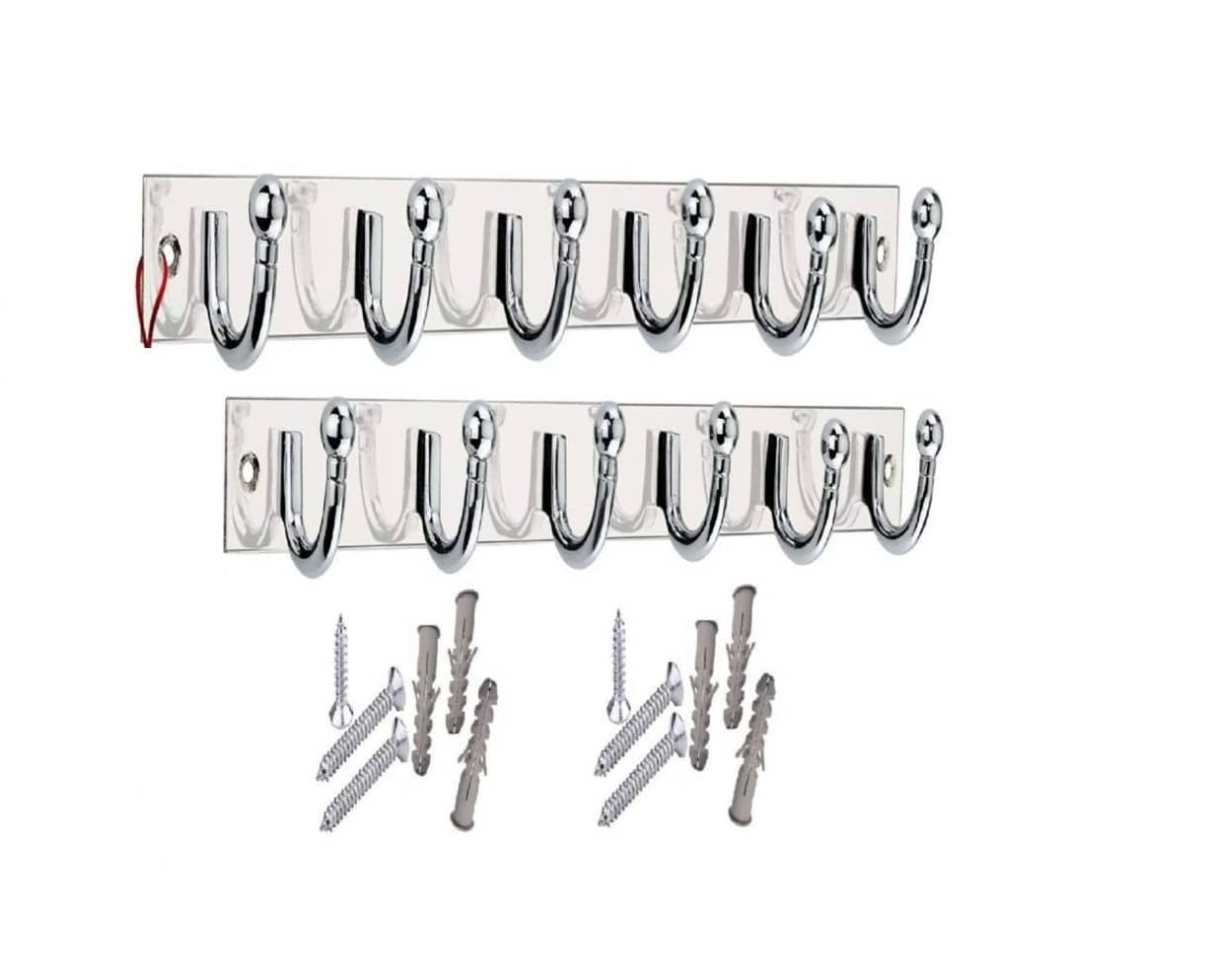 OJASS Stainless Steel & Aluminium Premium Heavy Quality - 6 PIN Goli Cloth Hanger Bathroom Wall Door Hooks with 6 Screw and 6 Grip (Pack of 2 pcs) GHS06SS2L