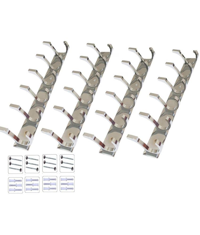 OJASS  Stainless Steel & Aluminium Premium Heavy Quality - 6 PIN Duck Cloth Hanger Bathroom Wall Door Hooks with 12 Screw and 12 Grip (Pack of 4  pcs) DHS06SS4L