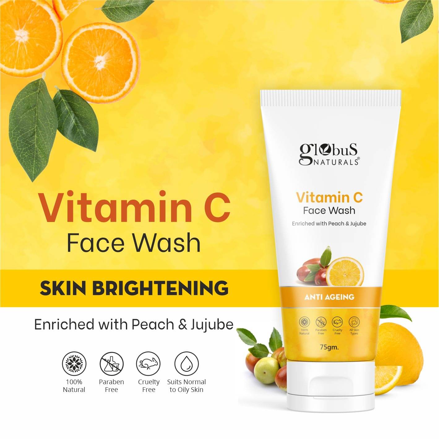     			Globus Naturals Vitamin C Face Wash, Anti-Ageing Skin Brightening, 75gm
