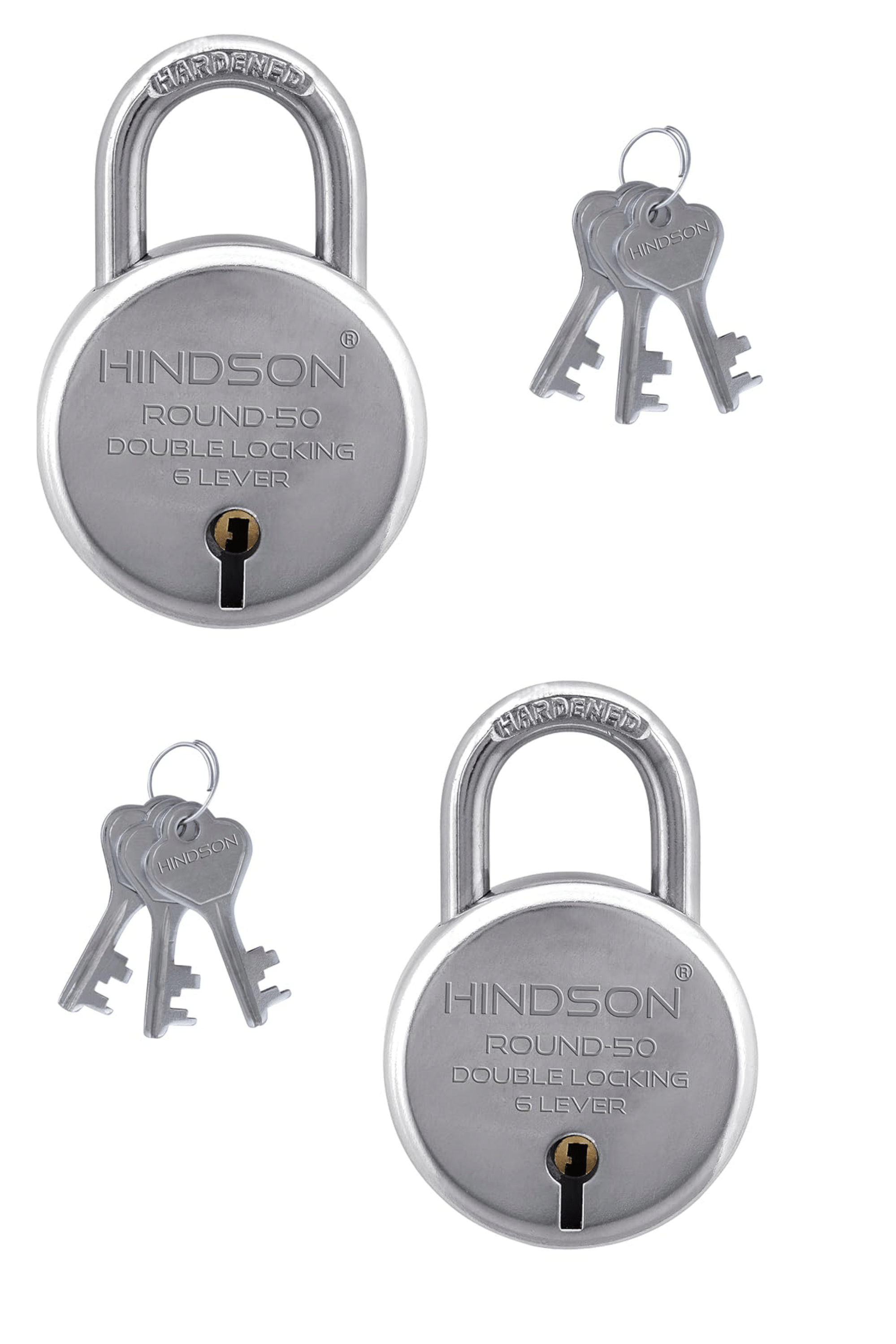 HINDSON Round 50mm Padlock Pack of 2 | Heavy Duty Metal Body Lock | Double Locking System | 7 Steel Levers | 3 Silver Keys with Keychain | Durable & Rust-Resistant | Made in India     			HINDSON Round 50mm Padlock Pack of 2 | Heavy Duty Metal Body Lock | Double Locking System | 7 Steel Levers | 3 Silver Keys with Keychain | Durable & Rust-Resistant | Made in India