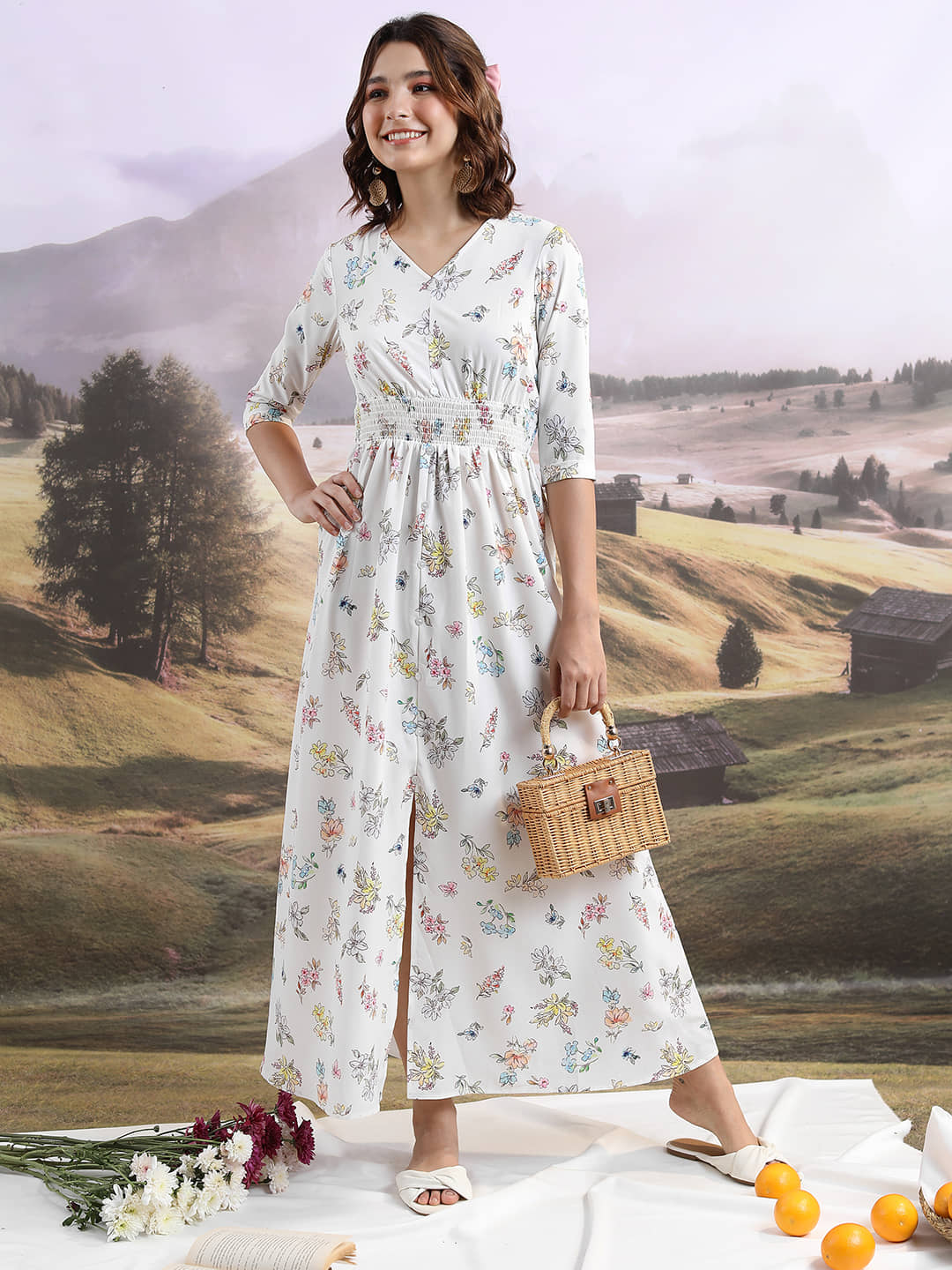 Ketch Women Polyester Printed A-line Dress ( Off White )