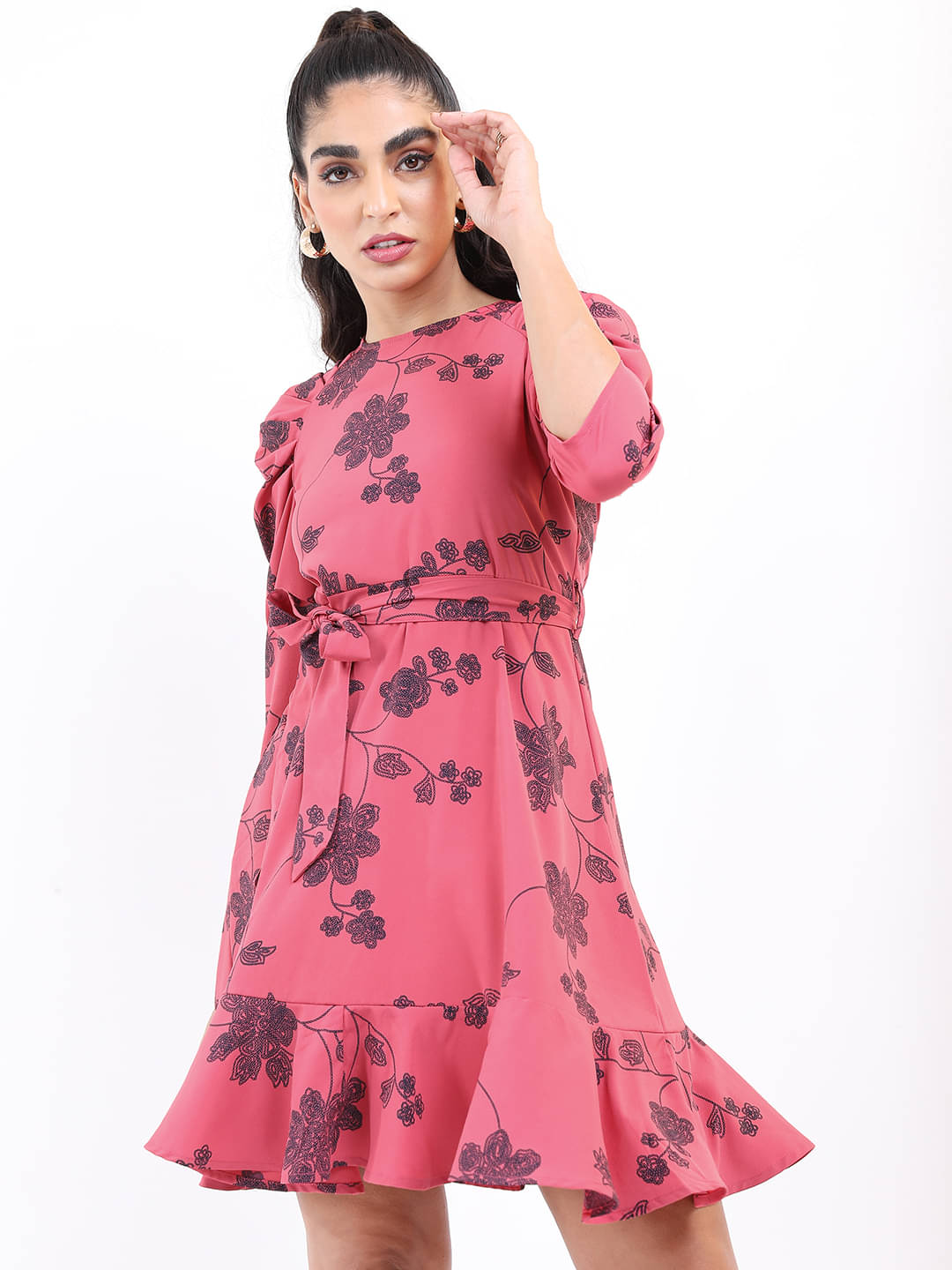     			Ketch Women Polyester Printed Fit & Flare Dress ( Rose Gold )