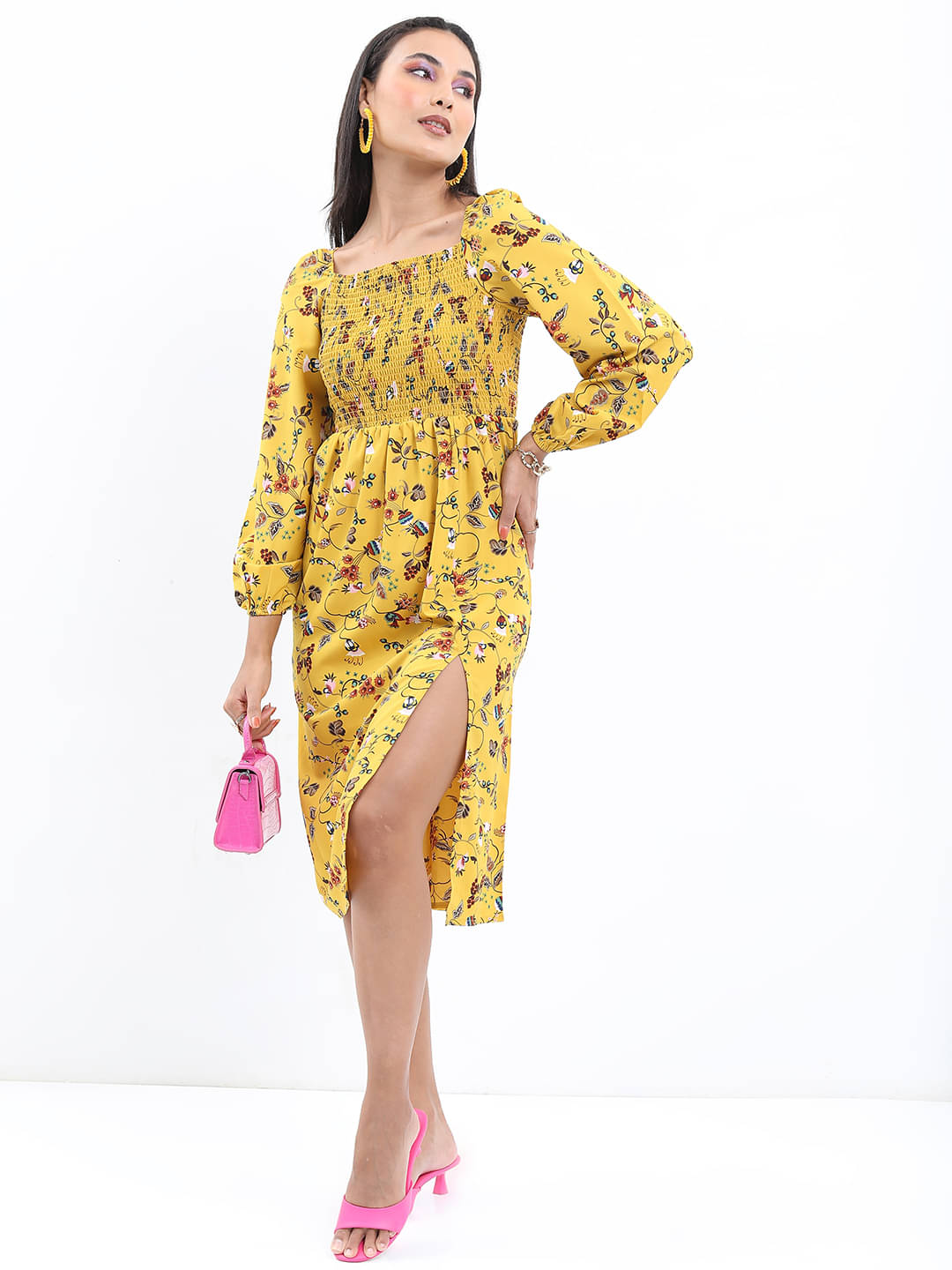 Ketch Polyester Printed Midi Women's Side Slit Dress - Yellow ( Pack of 1 ) Ketch Polyester Printed Midi Women's Side Slit Dress - Yellow ( Pack of 1 )