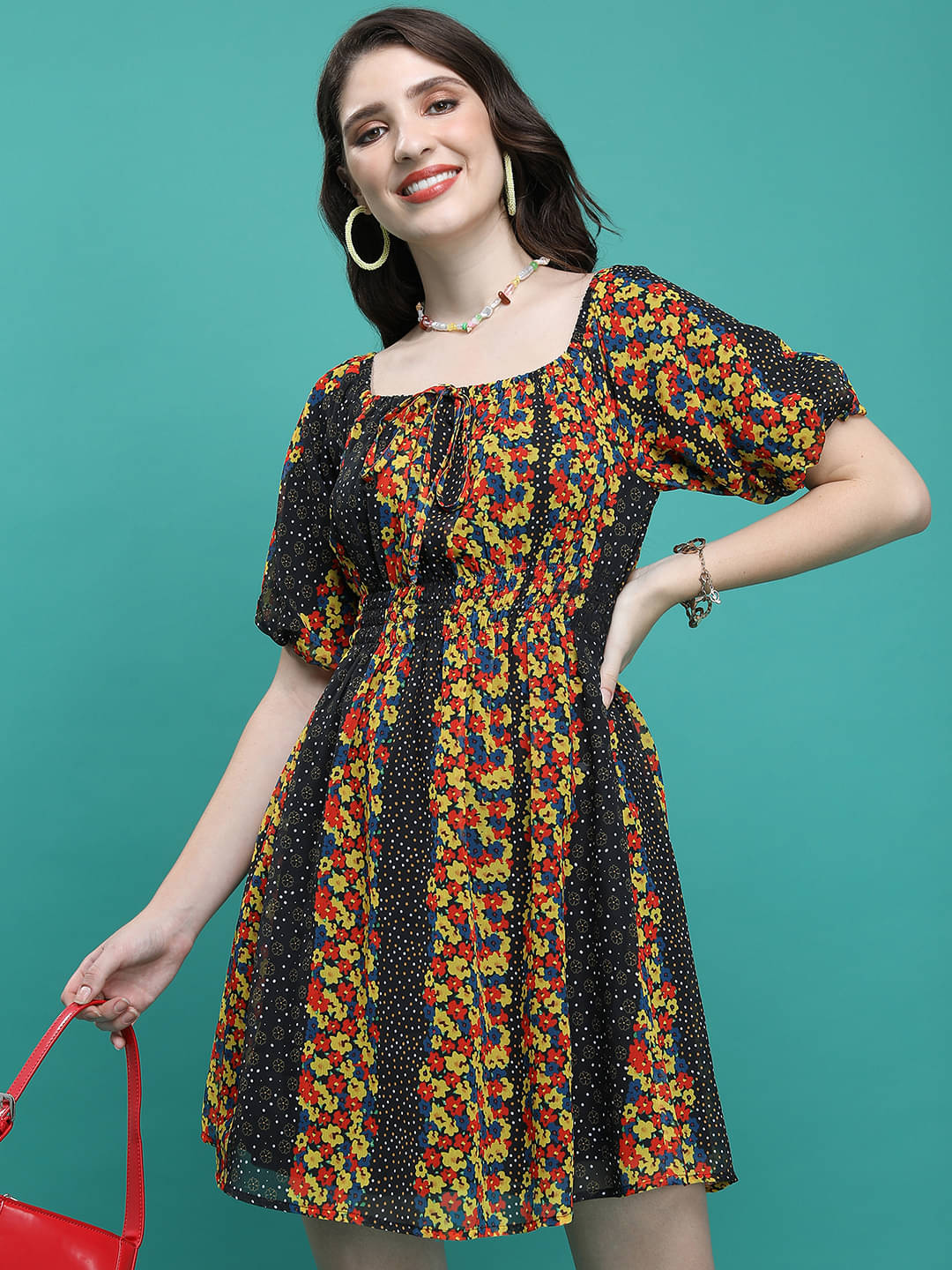     			Ketch Women Polyester Printed Fit & Flare Dress ( Yellow )