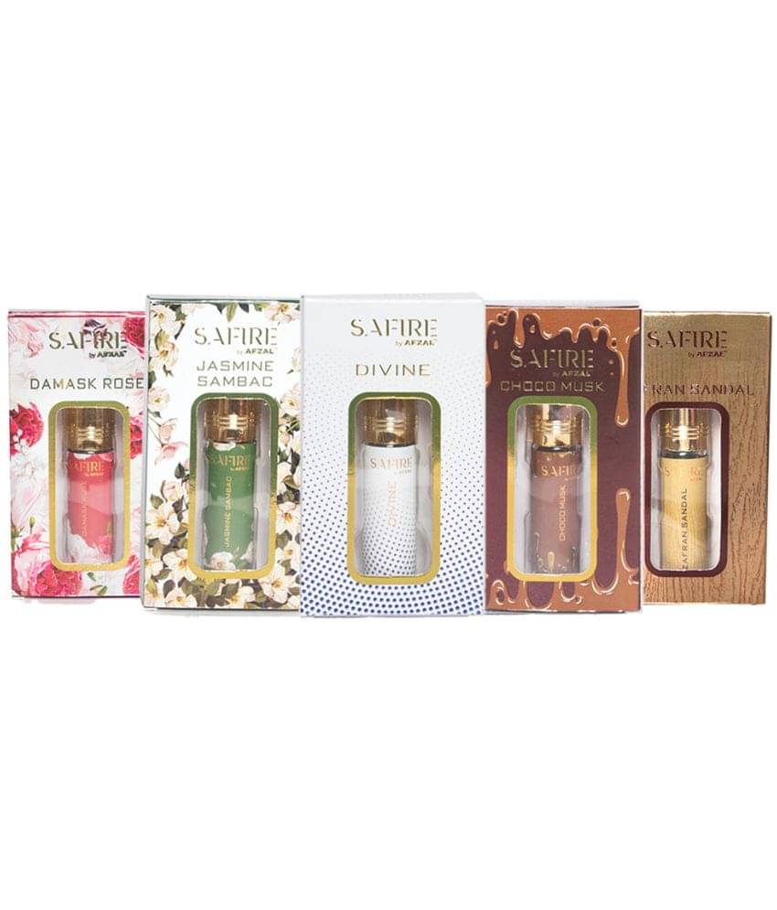    			SAFIRE DAMASK ROSE, JASMINE SAMBAC, DIVINE, CHOCO MUSK & ZAFRAN SANDAL ATTAR (COMBO PACK 6ML*5) ROLL-ON PERFUME OIL FOR MEN AND WOMEN