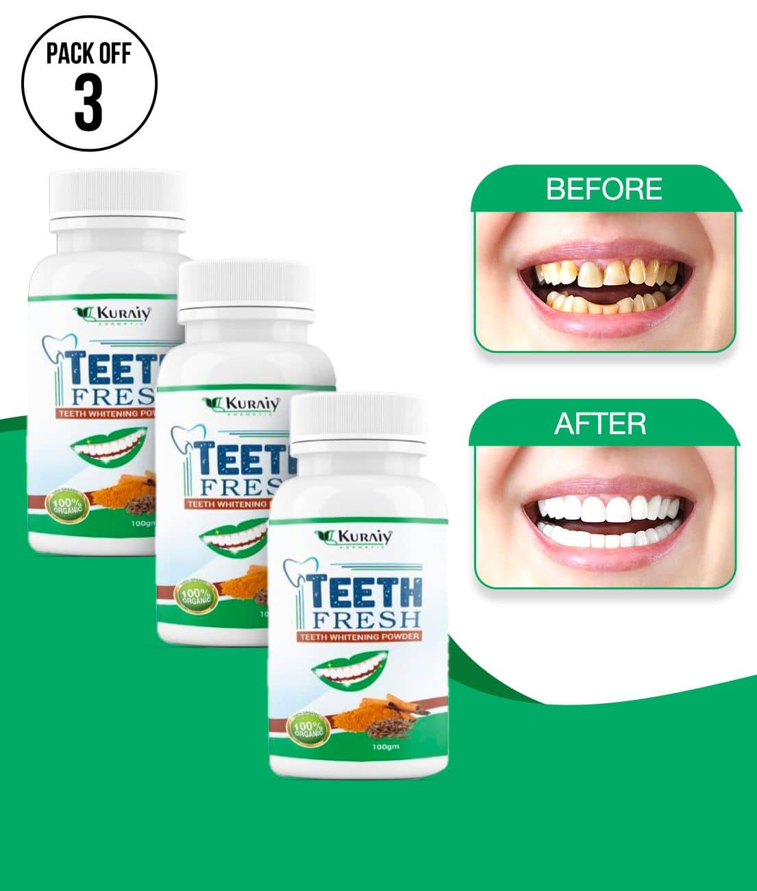 KURAIY Pearl Teeth Whitening Powder Teeth Brightening Oral Remove Plaque Stains 100g Pack of 3