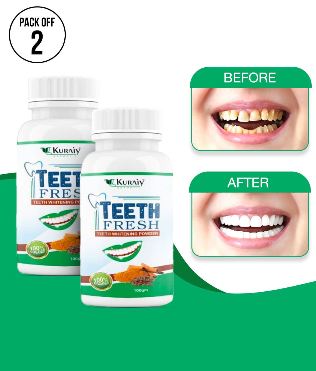 KURAIY Pearl Teeth Whitening Powder Teeth Brightening Oral Remove Plaque Stains 100g Pack of 2