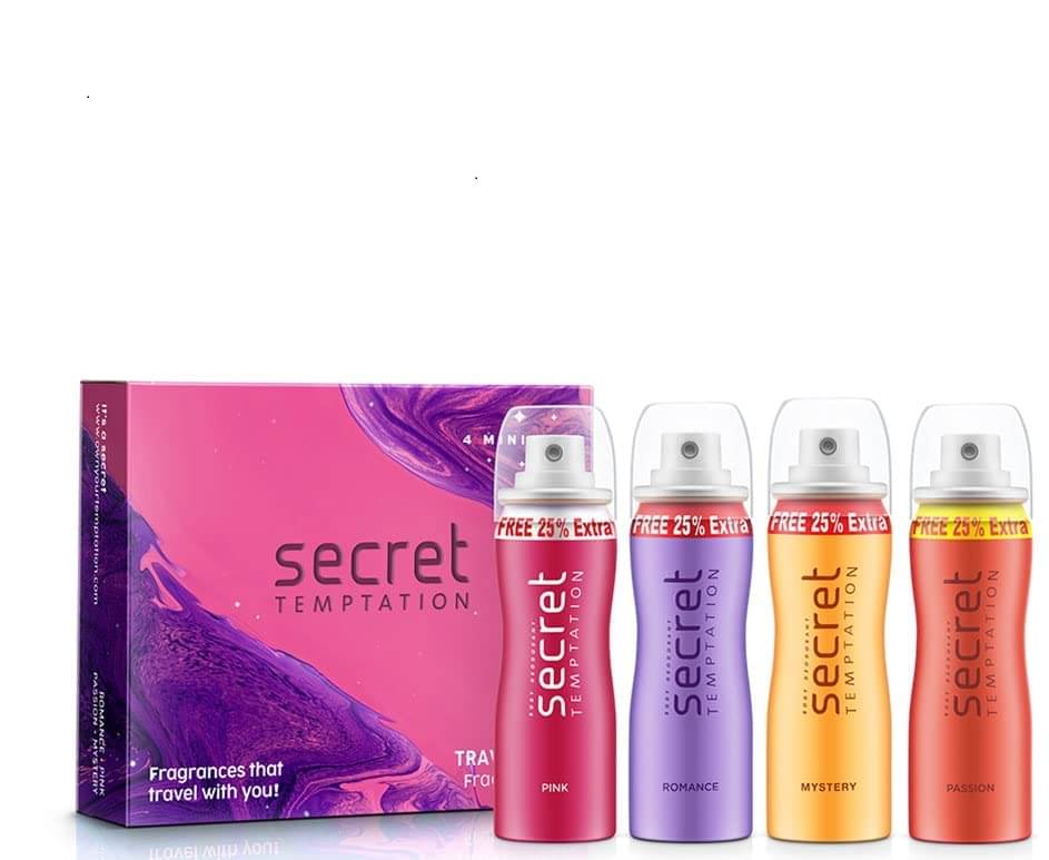     			Secret Temptation Travel Pack with Pink, Romance, Mystery, and Passion Deodorant for Women, Pack of 4 (50ml each)|Long Lasting Mini Deodorant Convenient and Stylish On-the-Go Fragrance Set
