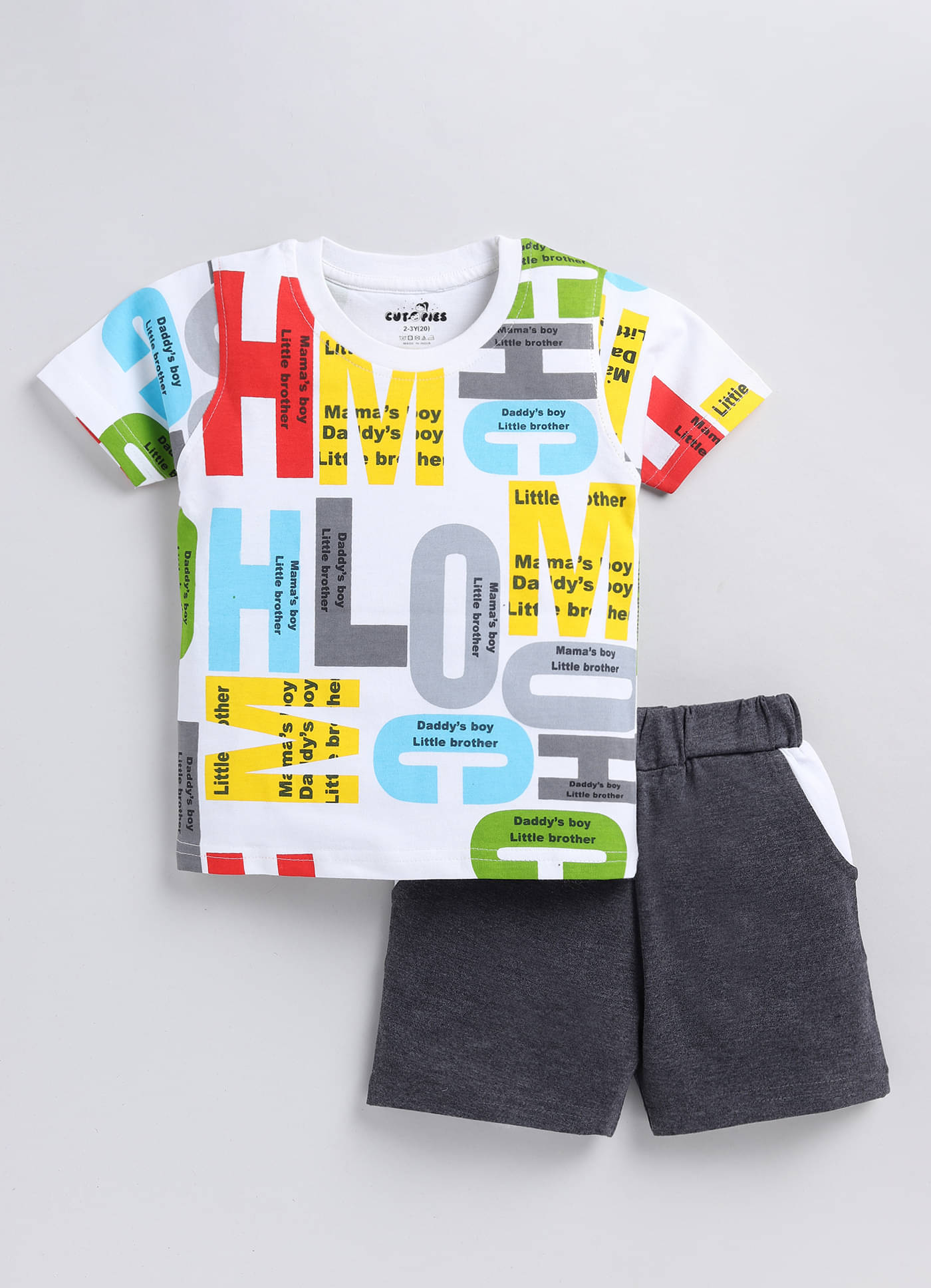     			CUTOPIES Pack of 1 Boys Cotton Blend T-Shirt & Shorts Set ( Off White )