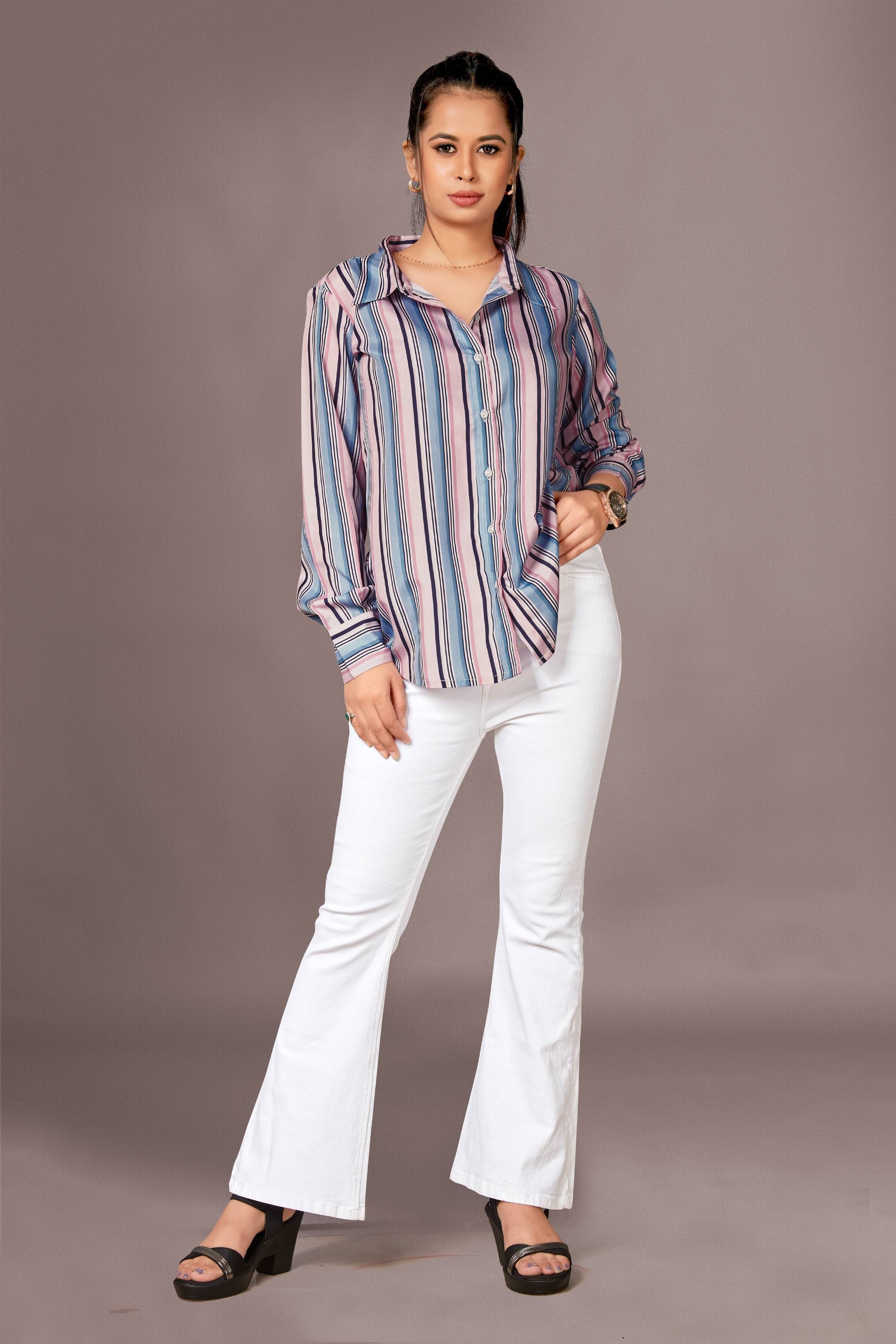 Colorcart Women Striped Polyester Shirt ( Multicolor )     			Colorcart Women Striped Polyester Shirt ( Multicolor )