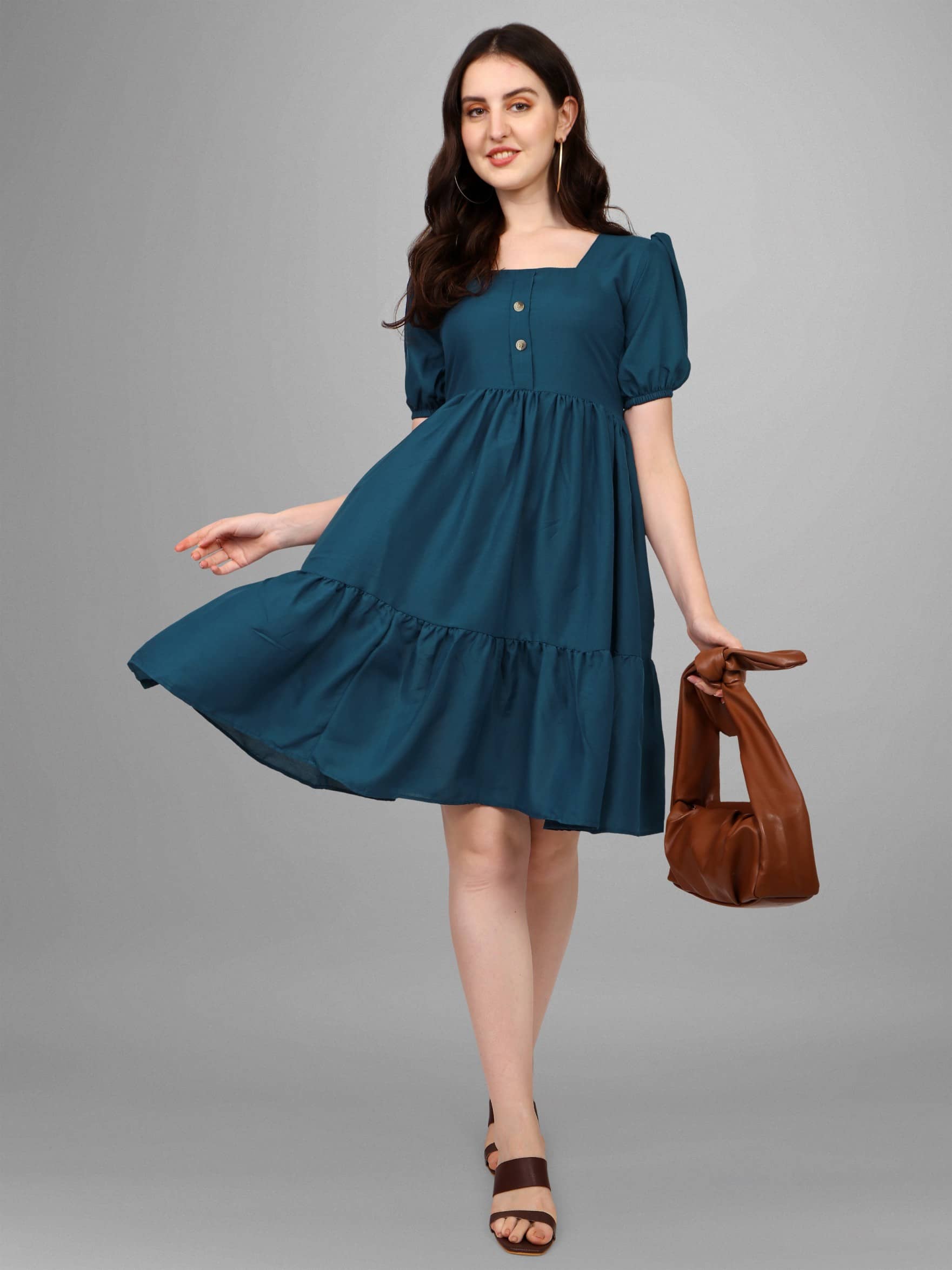 Femvy Women Polyester Solid Fit & Flare Dress ( Blue )