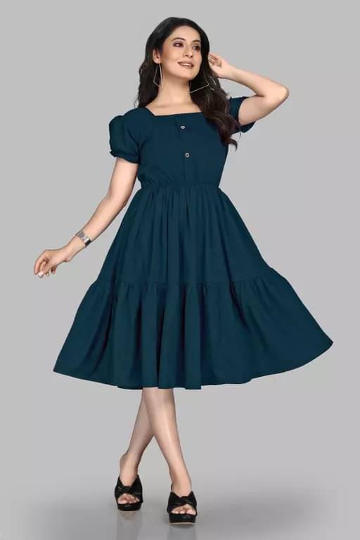 Femvy Women Polyester Solid Fit & Flare Dress ( Blue )     			Femvy Women Polyester Solid Fit & Flare Dress ( Blue )
