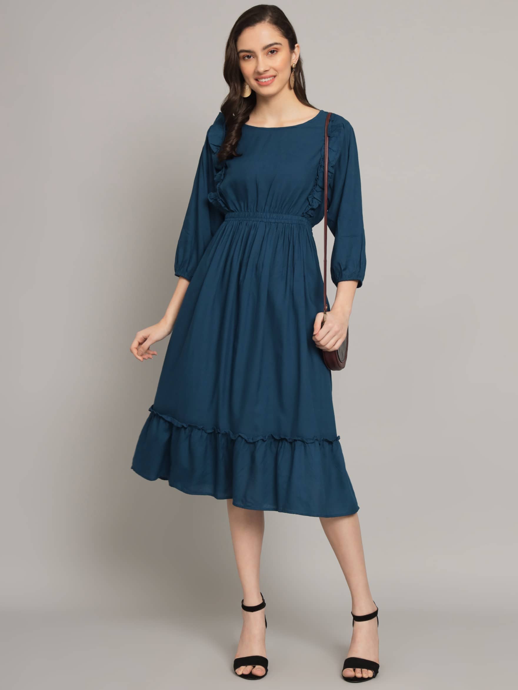 Femvy Women Polyester Solid Fit & Flare Dress ( Blue )