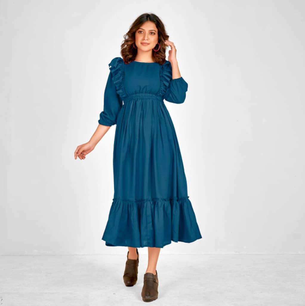 Femvy Women Polyester Solid Fit & Flare Dress ( Blue )