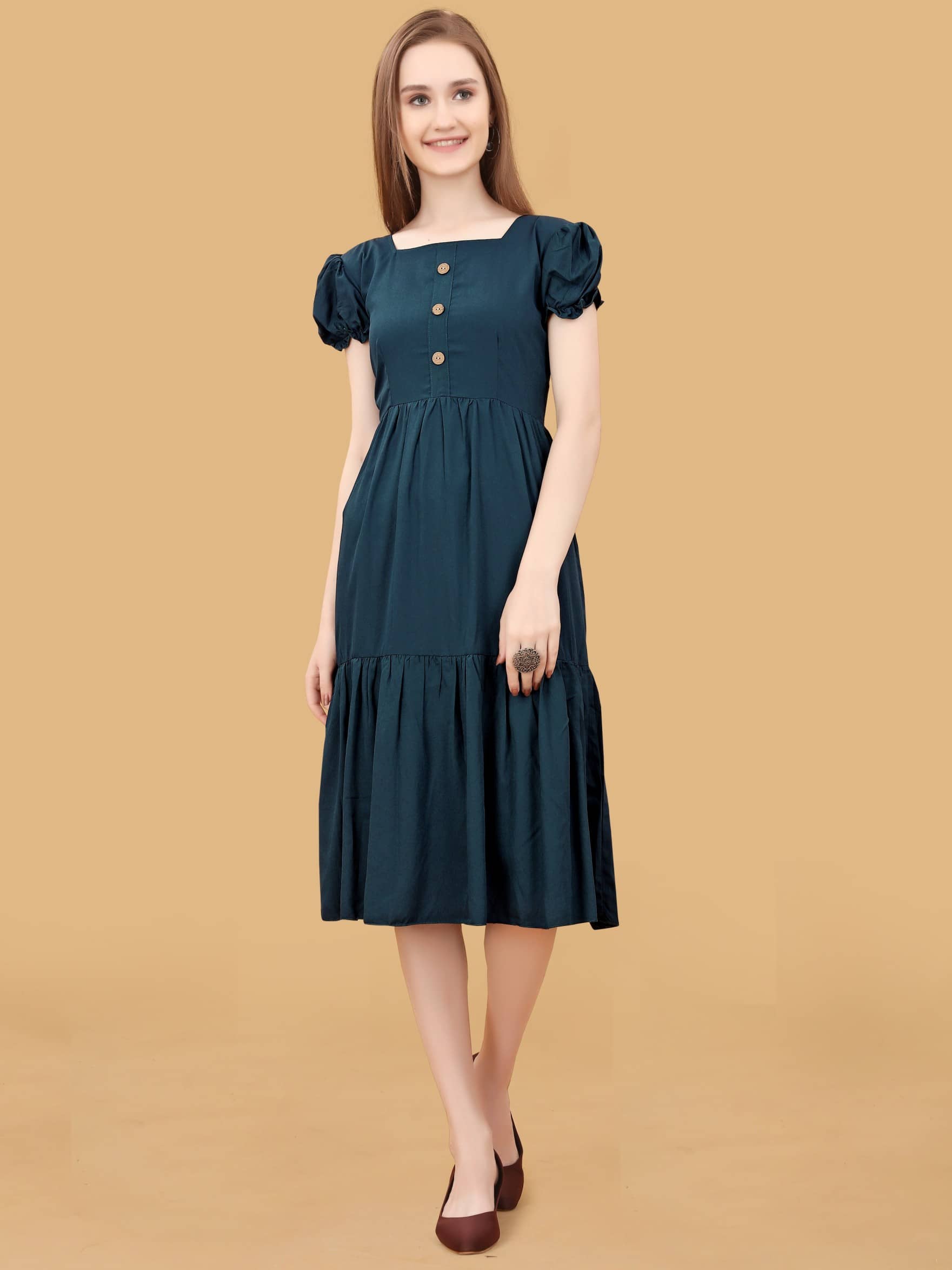 Femvy Women Polyester Solid Fit & Flare Dress ( Blue )