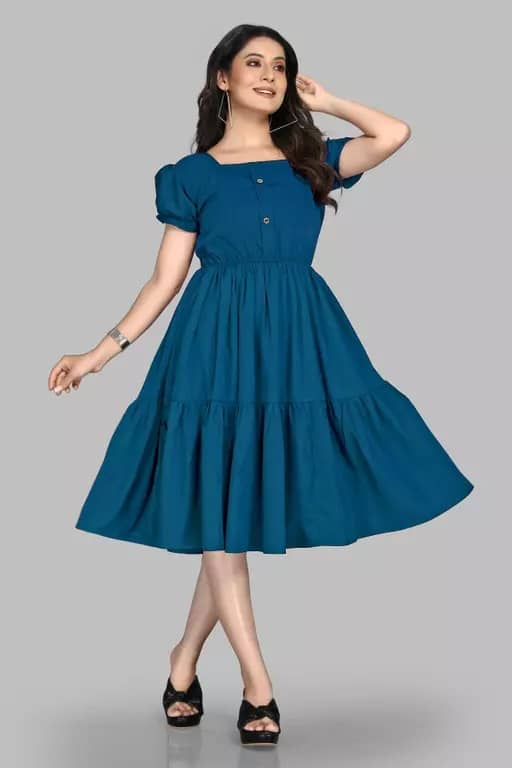 Femvy Women Polyester Solid Fit & Flare Dress ( Teal )