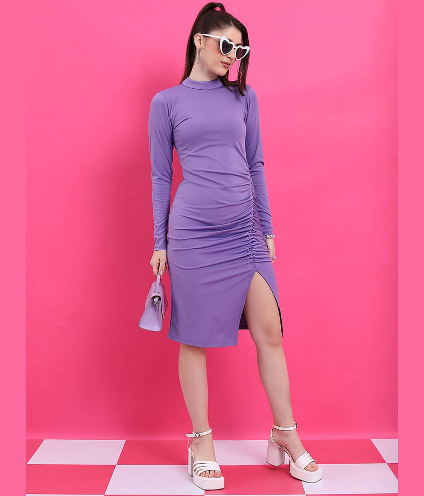 Ketch Women Polyester Blend Solid Bodycon Dress ( Purple )