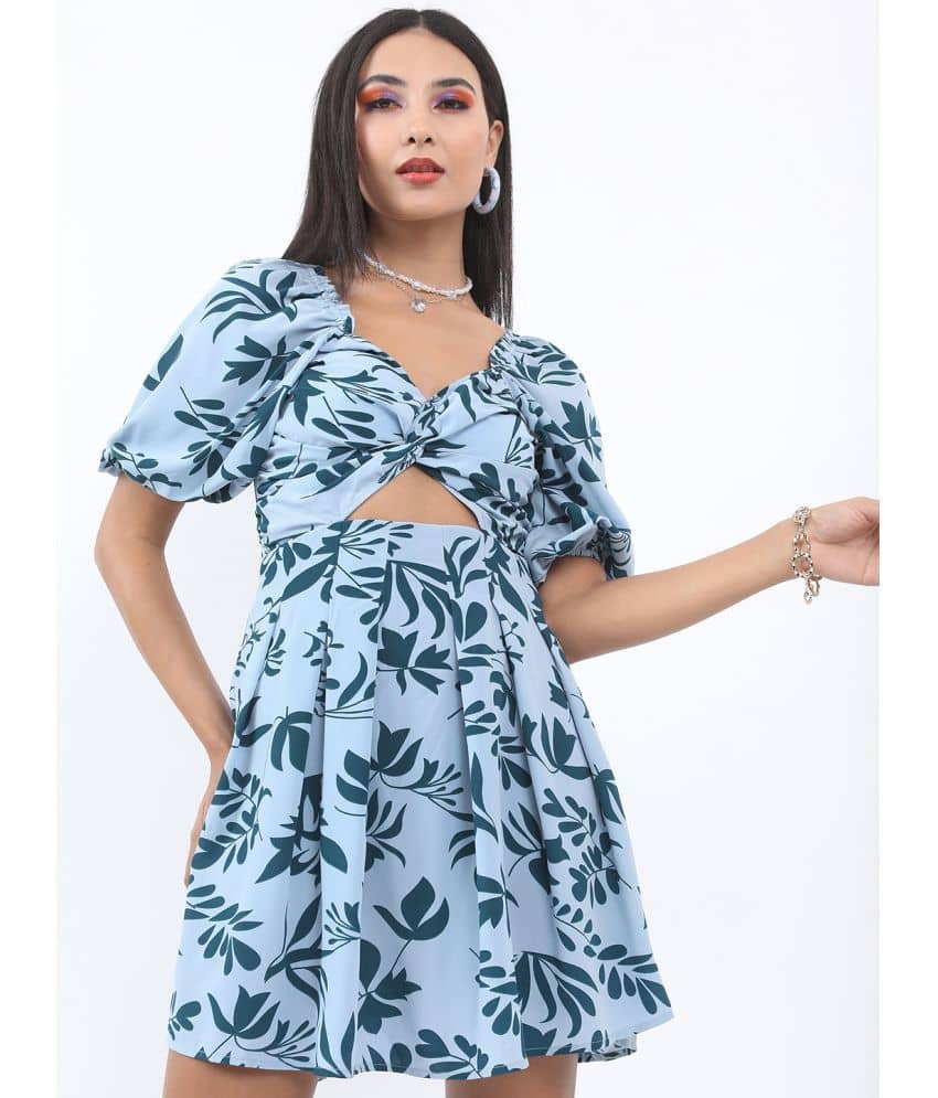 Ketch Women Polyester Printed Cut Out Dress ( Blue )